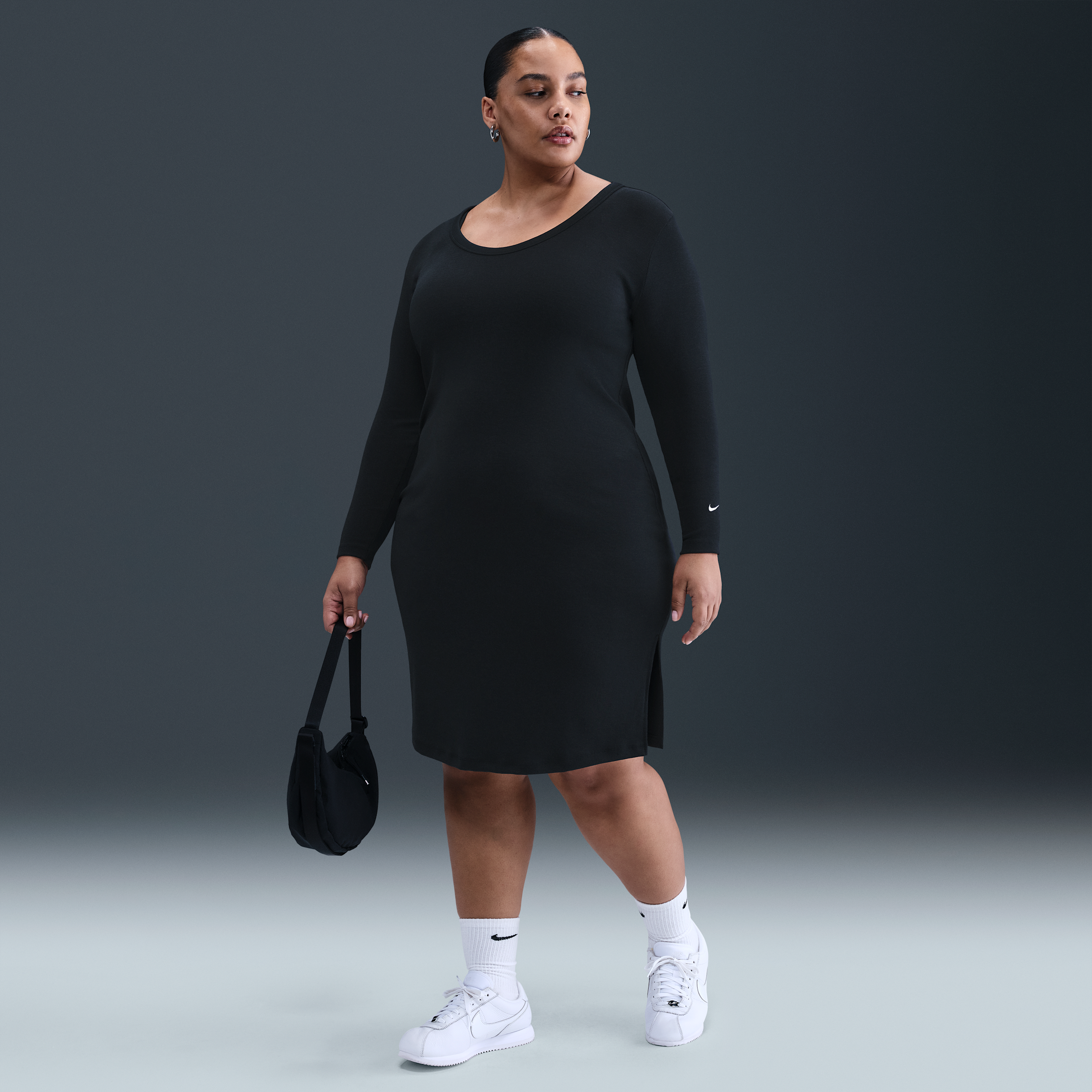 Nike Women's  Sportswear Chill Knit Tight Long-sleeve Midi Mini-rib Dress (plus Size) In Black