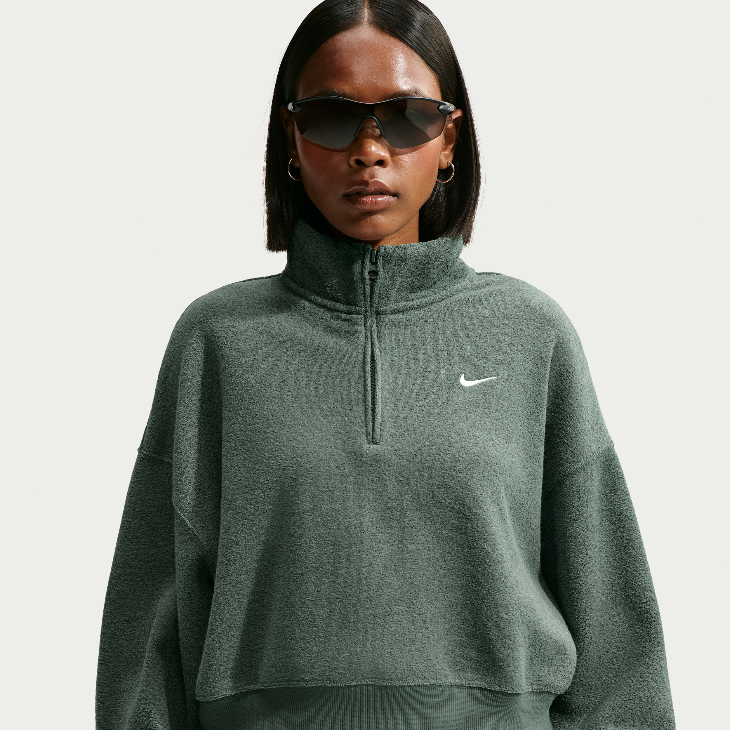 Nike Women's Studio Fleece Medium Weight Plush Oversized 1/4-Zip Cropped Top, Small, Camo Green