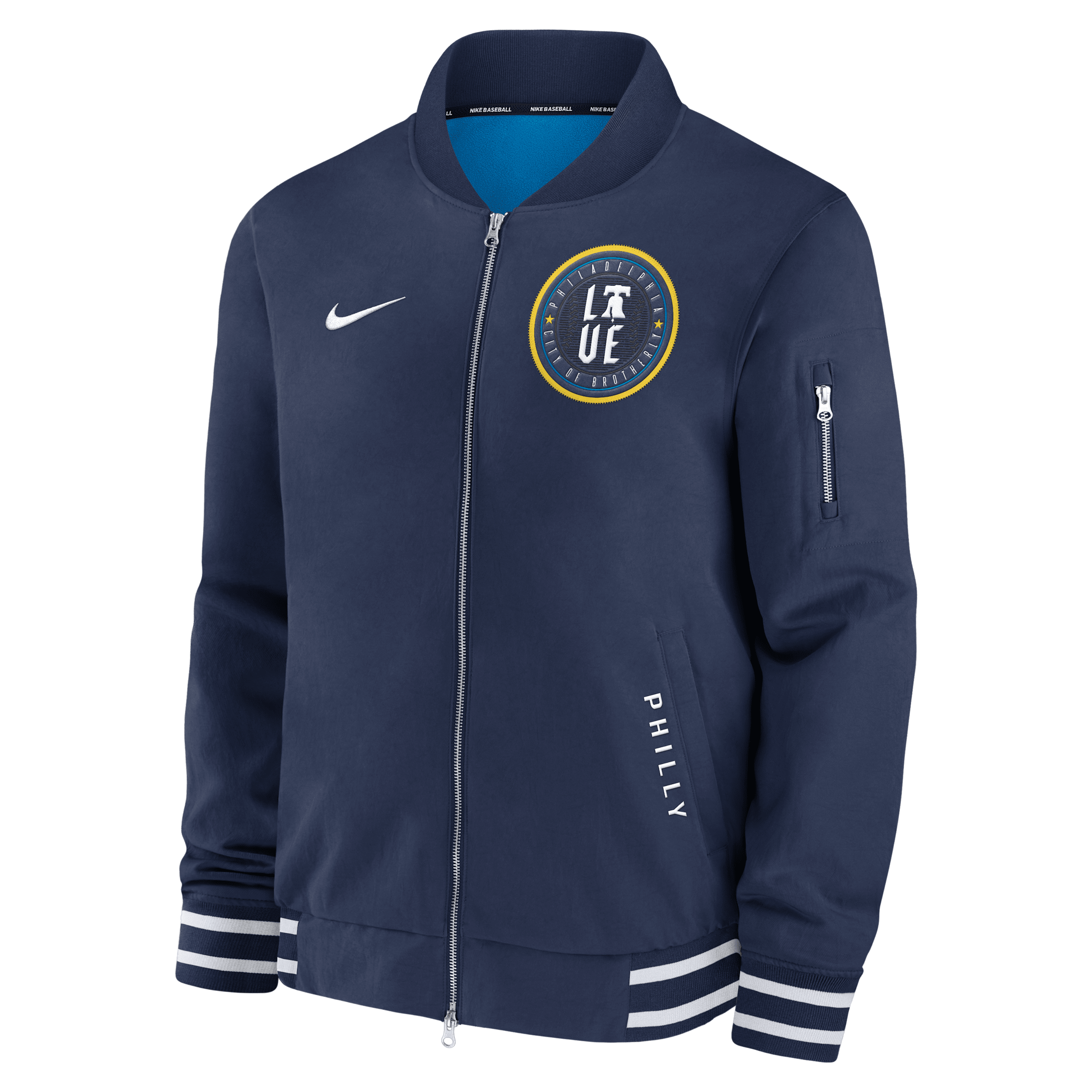 Nike Philadelphia Phillies Authentic Collection City Connect Men's Mlb Full-zip Bomber Jacket In Blue