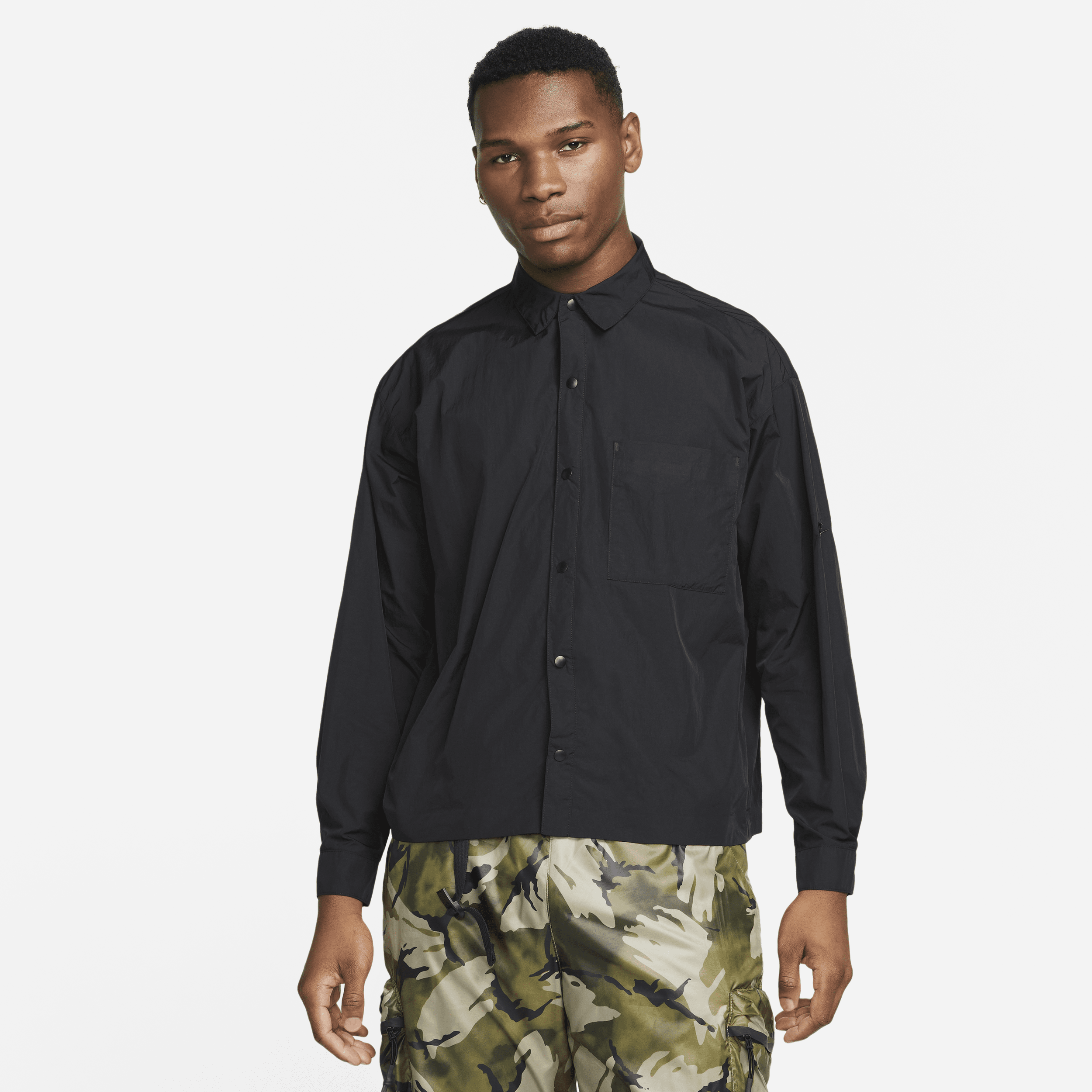 Shop Nike Men's  Sportswear Tech Pack Woven Long-sleeve Shirt In Black