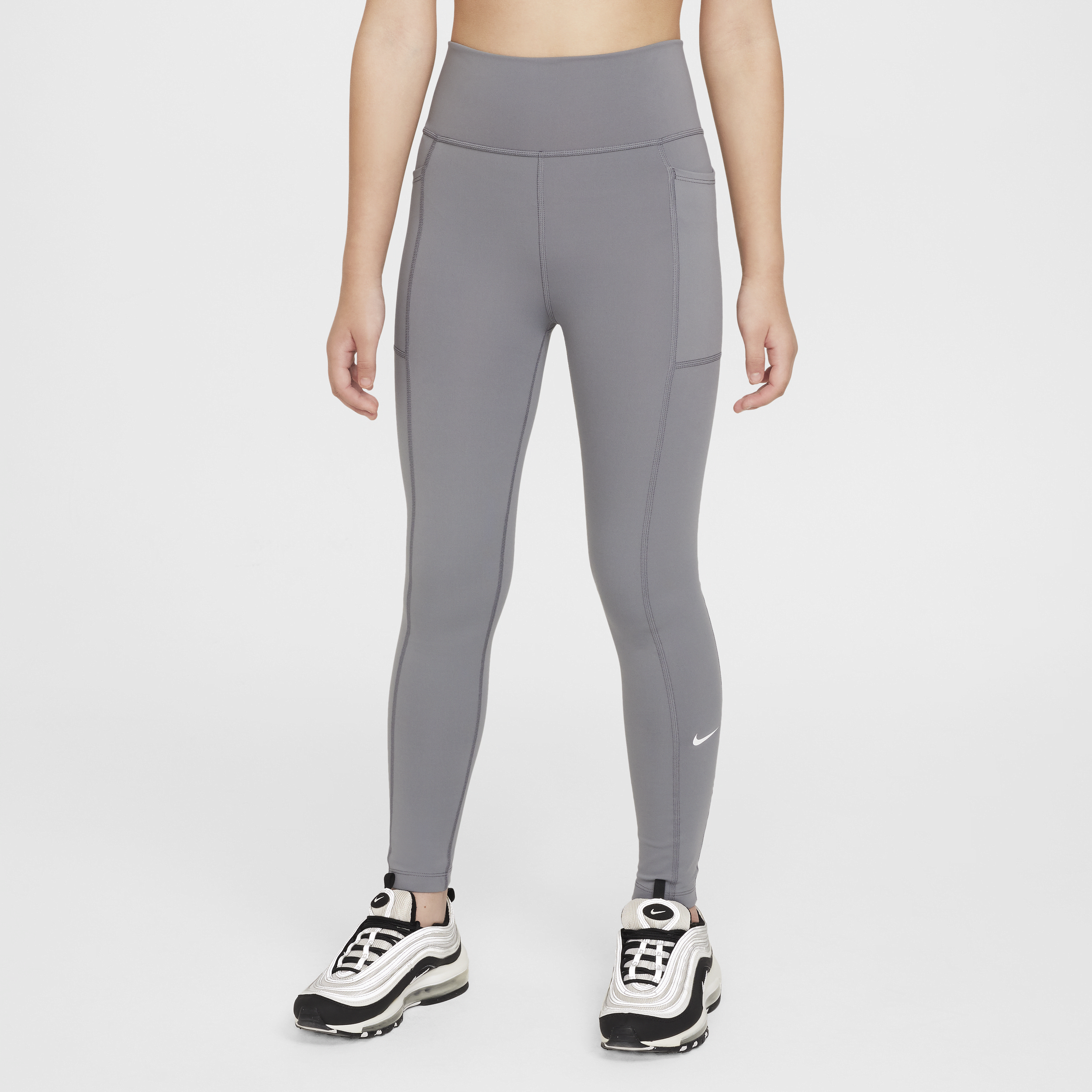 Nike One Big Kids' (girls') Dri-fit High-waisted Leggings With Pockets In Grey