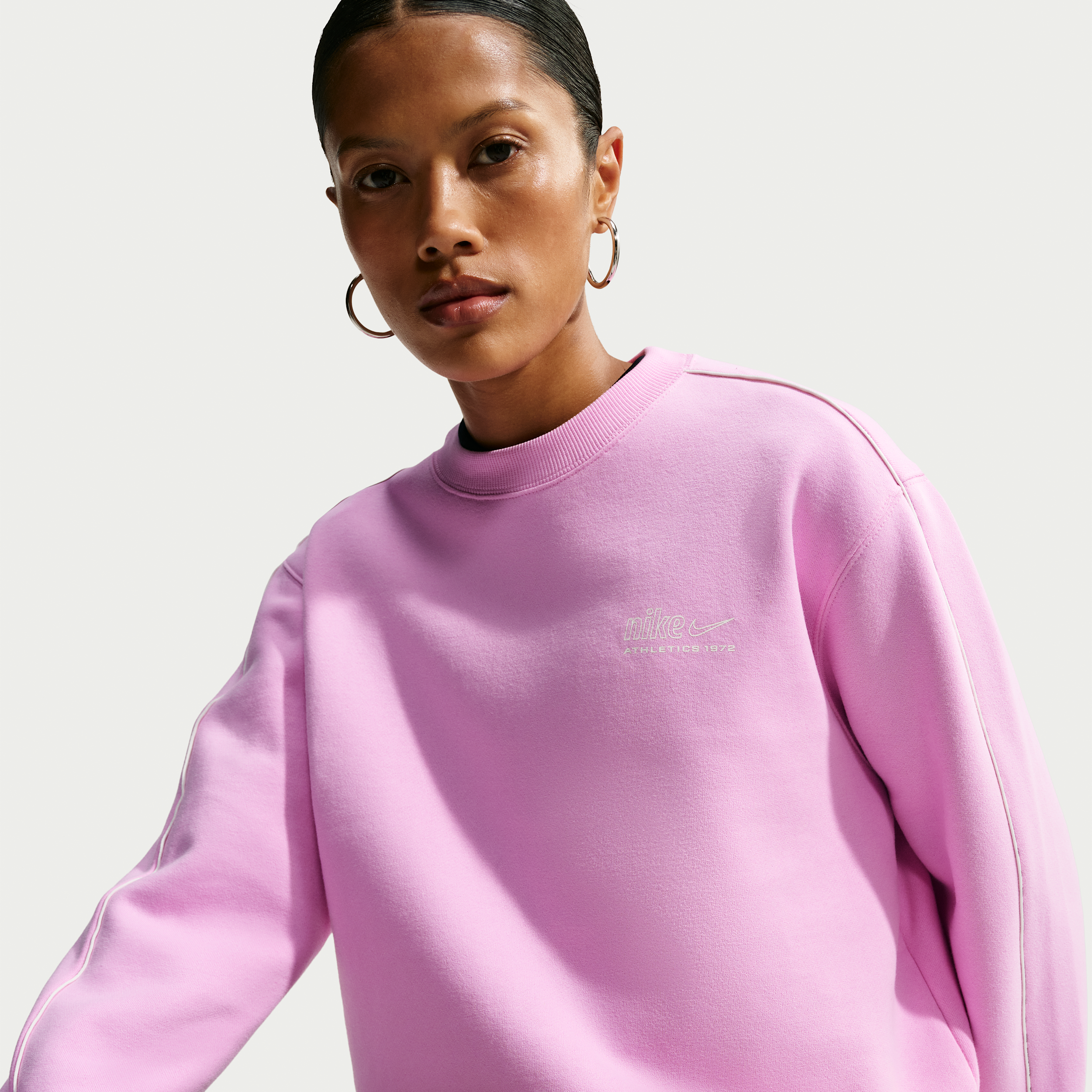 Nike Women's Studio Fleece Medium Weight Athletic Department "Graphic Pack" Crewneck Sweatshirt in Pink Rise/Sail