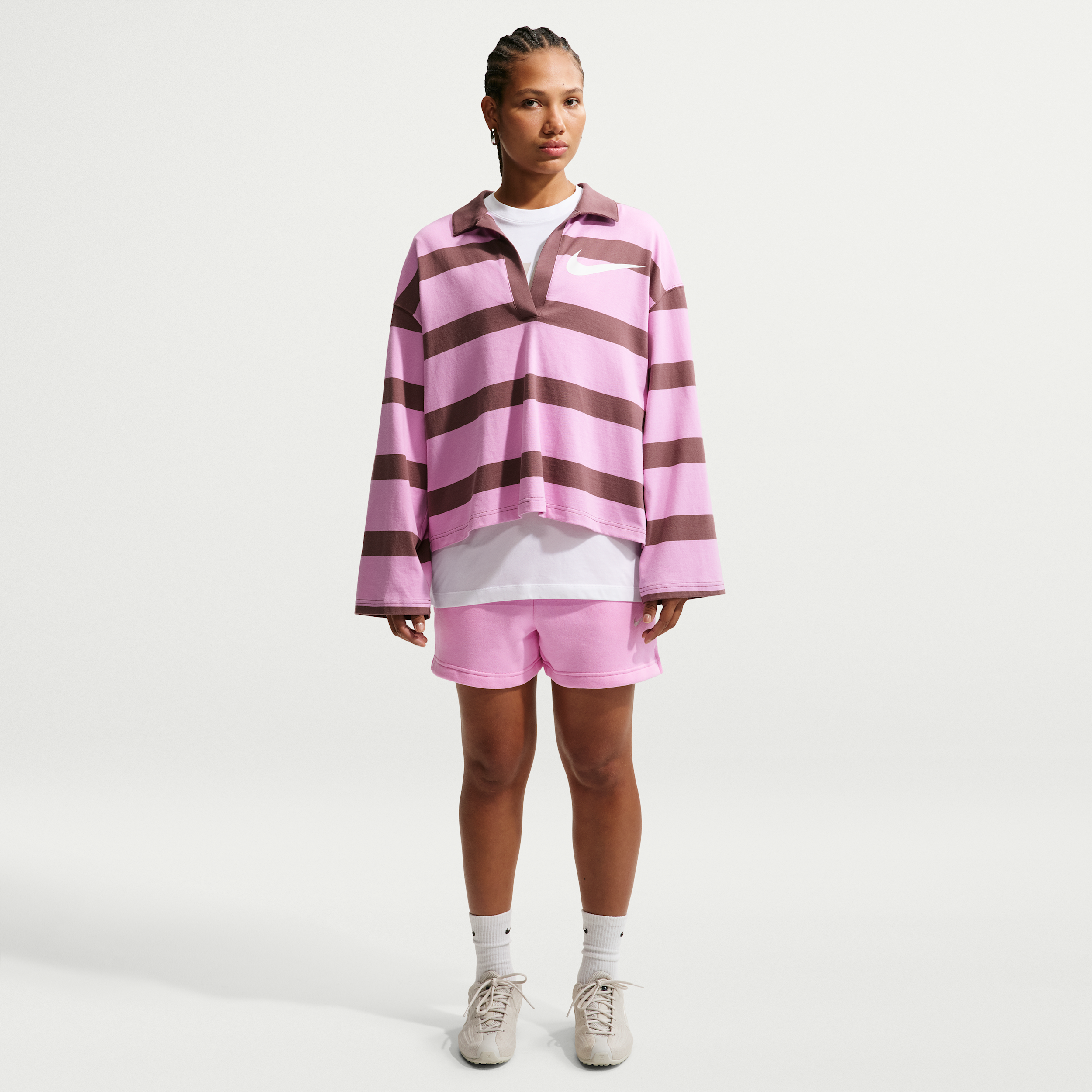 Nike Women's Studio Fleece Medium-Weight Mid-Rise Shorts in Pink Rise/Sail Size: XL