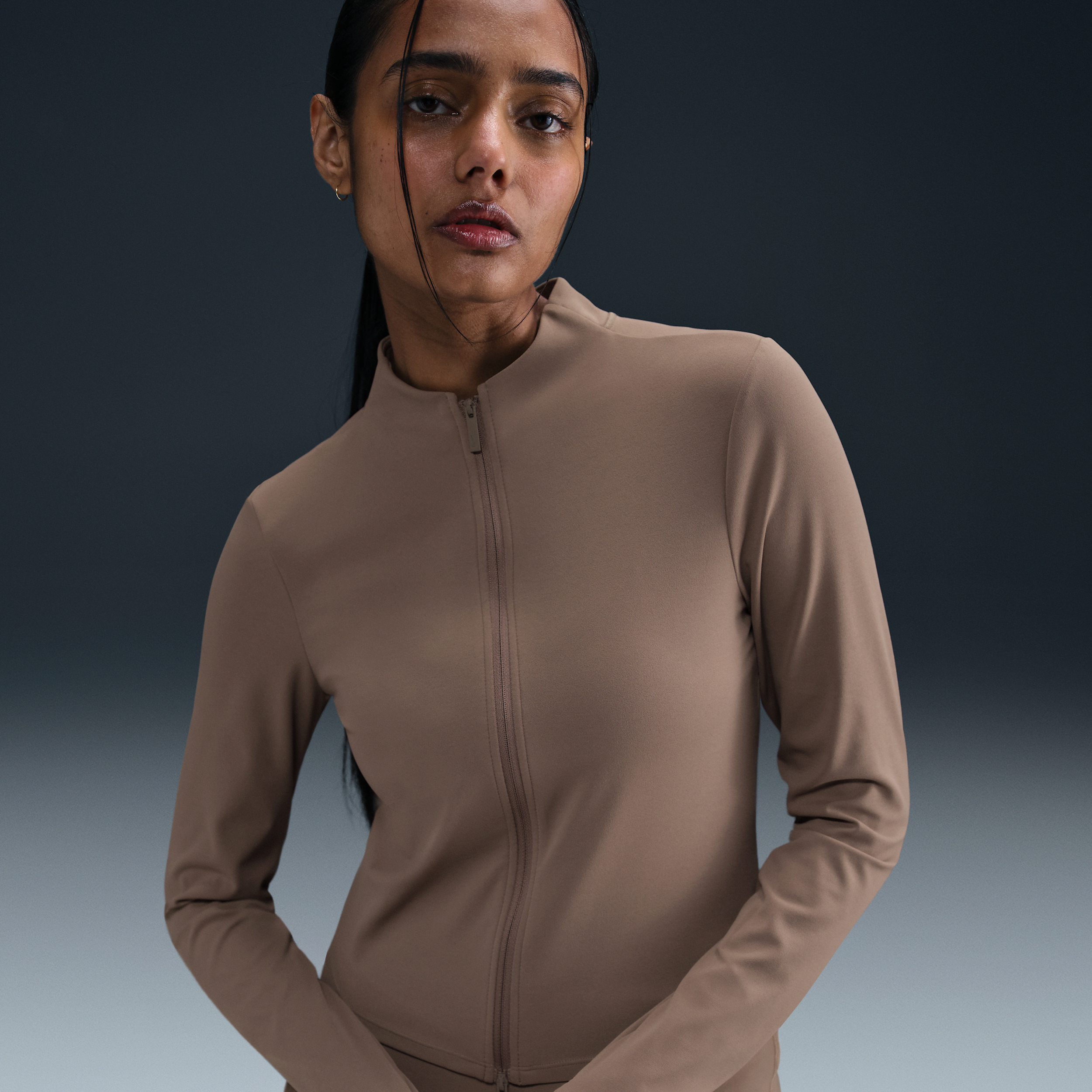 Shop Nike Women's Zenvy Dri-fit Full-zip Long-sleeve Top In Brown