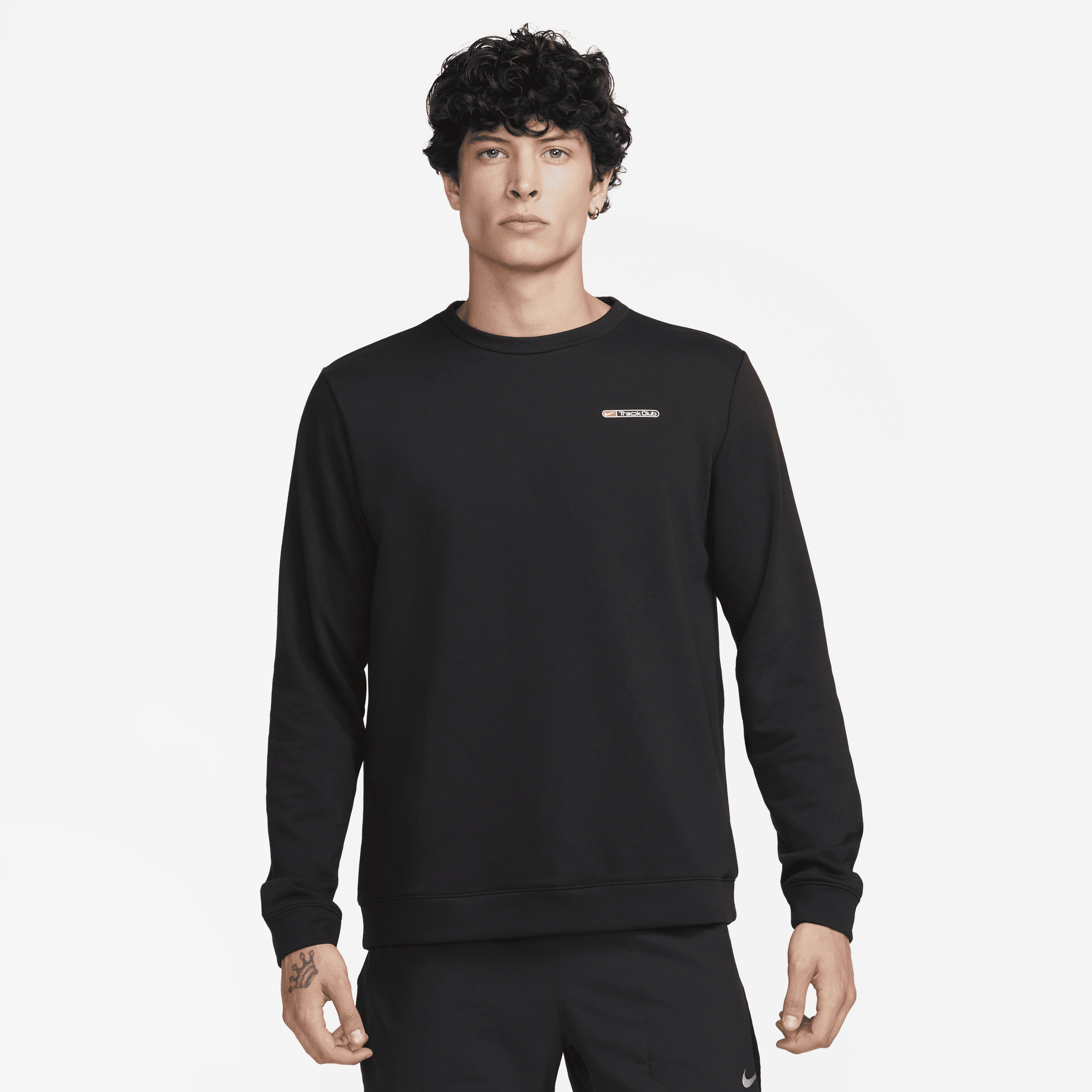 Shop Nike Men's Dri-fit Track Club Fleece Long-sleeve Crew Neck Running Sweatshirt In Black