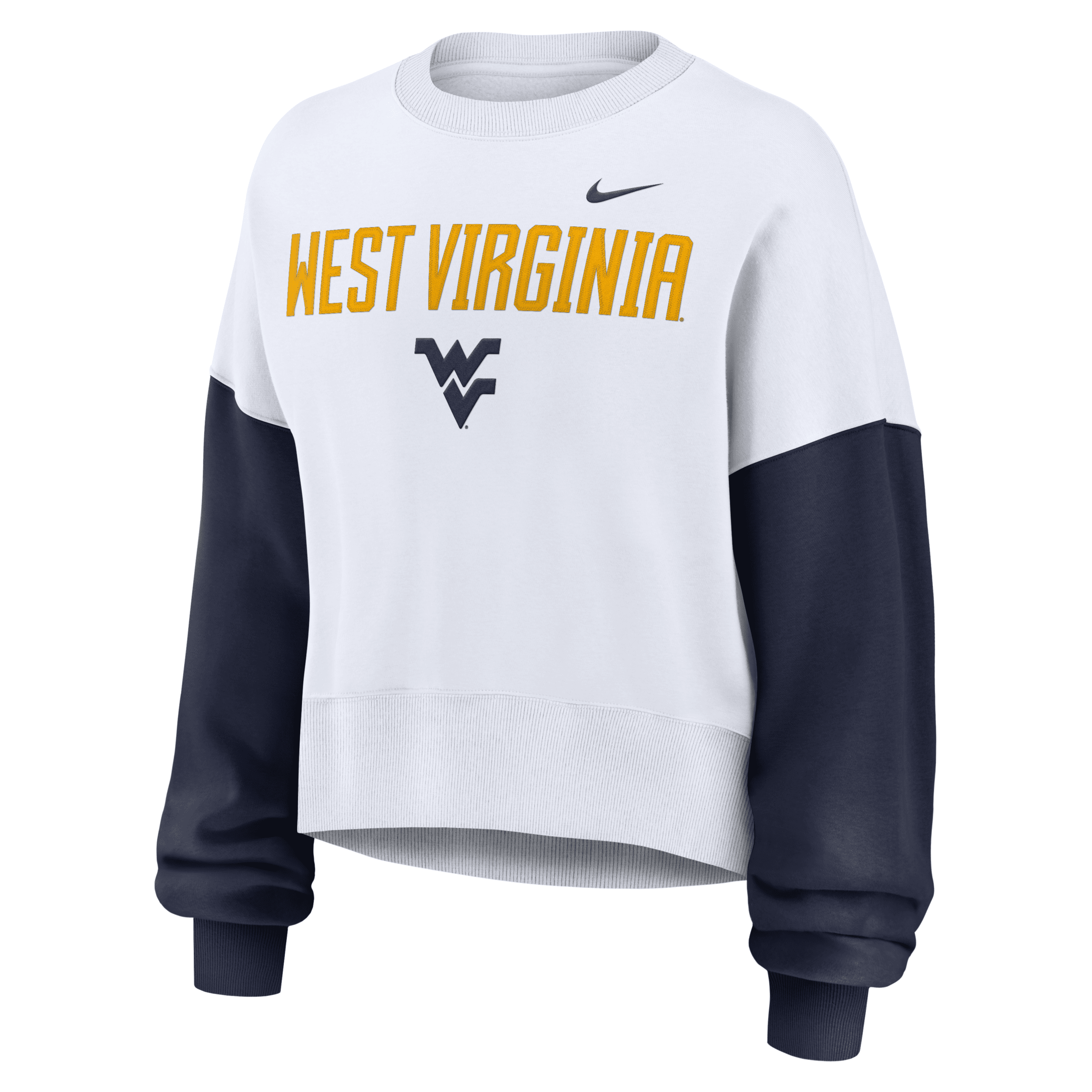 Nike Women's White West Virginia Mountaineers Color-block Oversized Cropped Pullover Sweatshirt In White