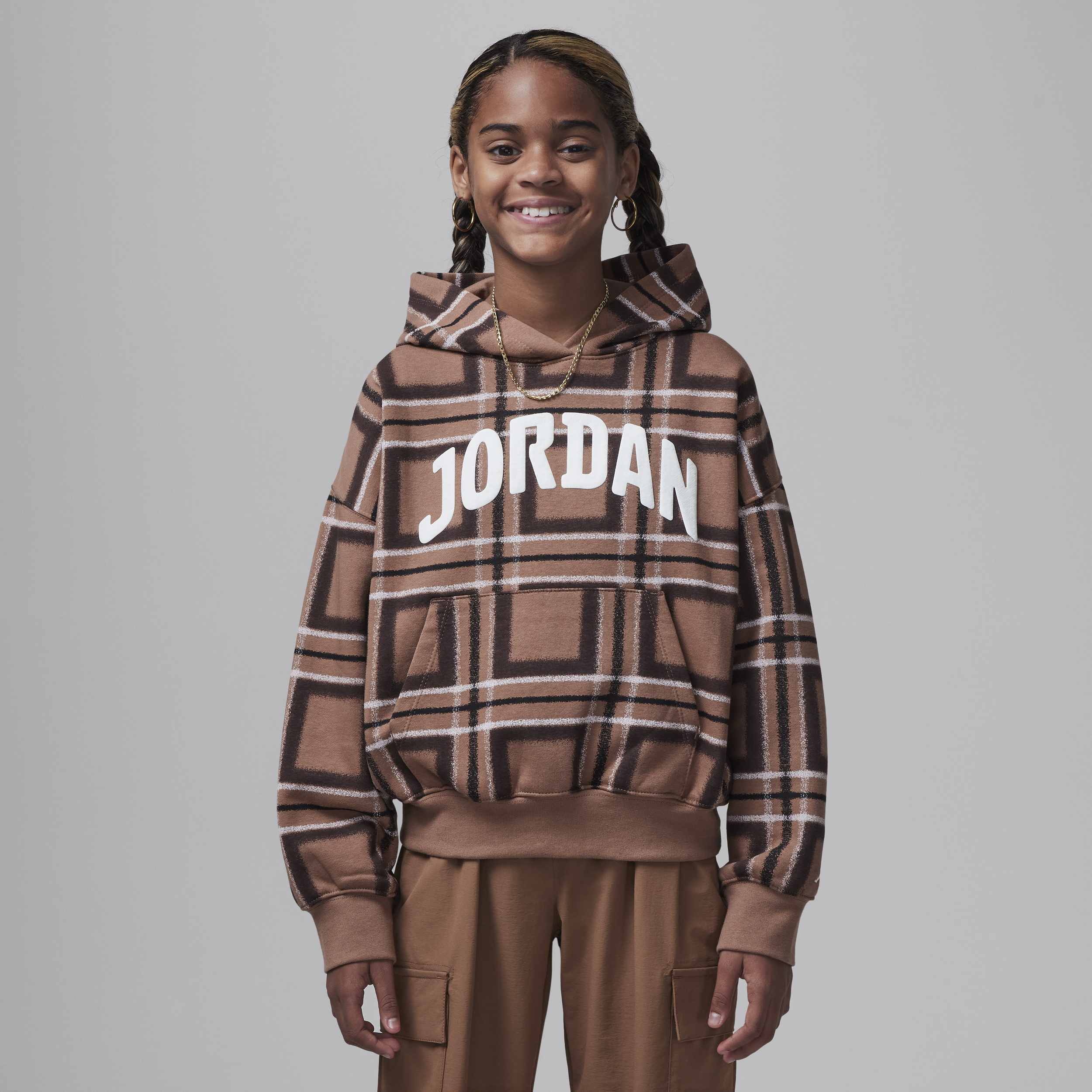 Jordan Brooklyn Essentials Big Kids' Plaid Print Pullover Hoodie In Brown