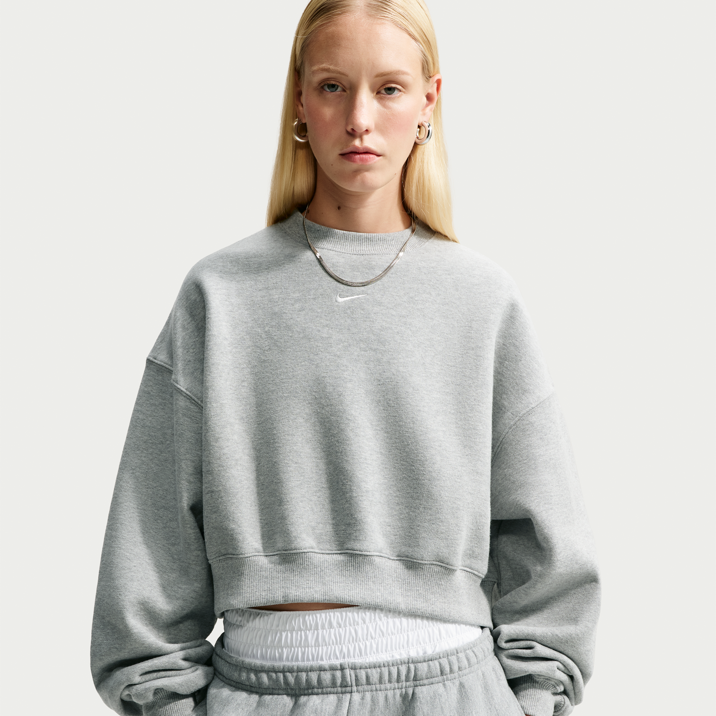 Nike Women's Studio Fleece Medium Weight Oversized Cropped Crew, Small, Dk Grey Heather