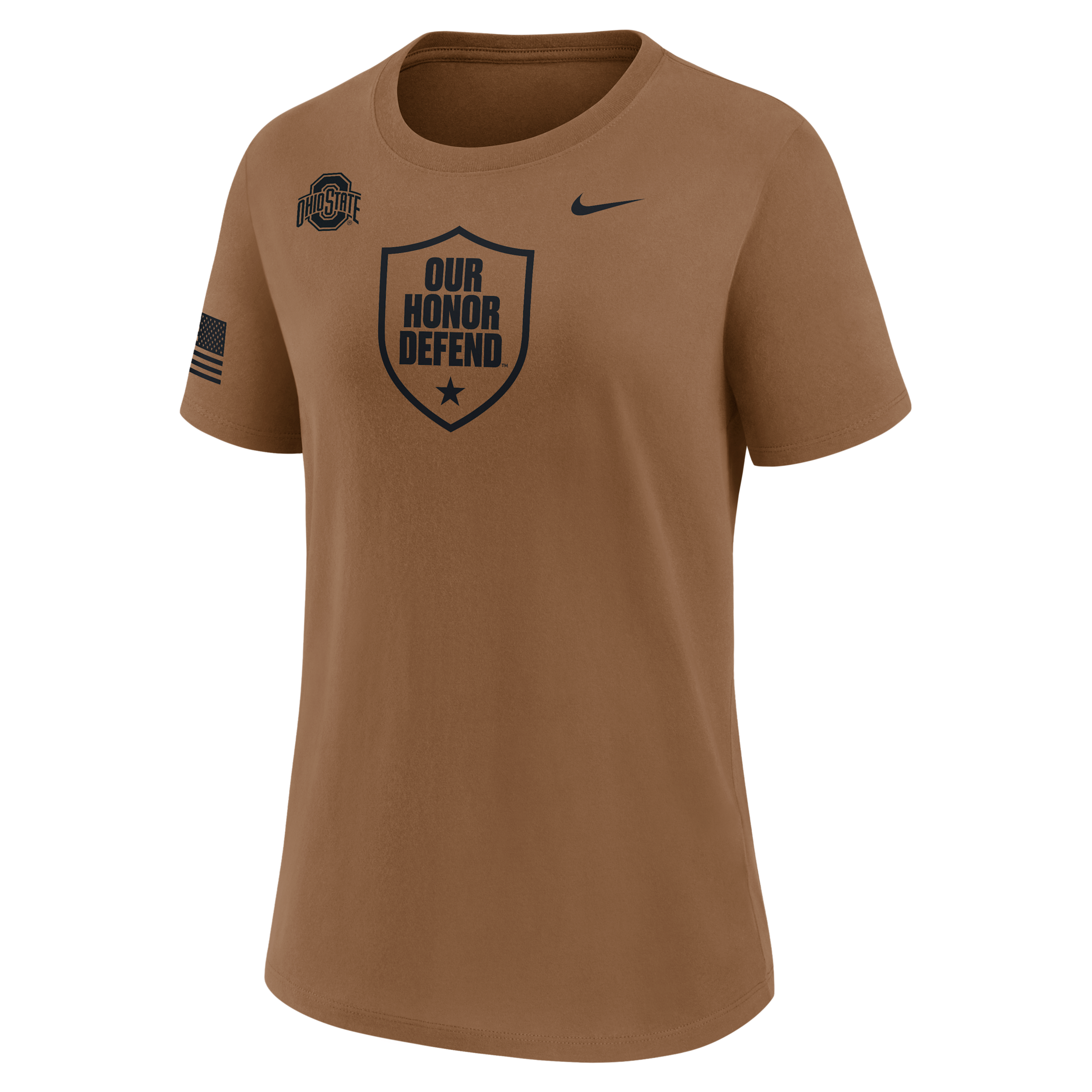 Ohio State 2026 Military Appreciation Nike Women's Dri-FIT College T-Shirt in Brown | 03KQ2EAOHD-WYJ