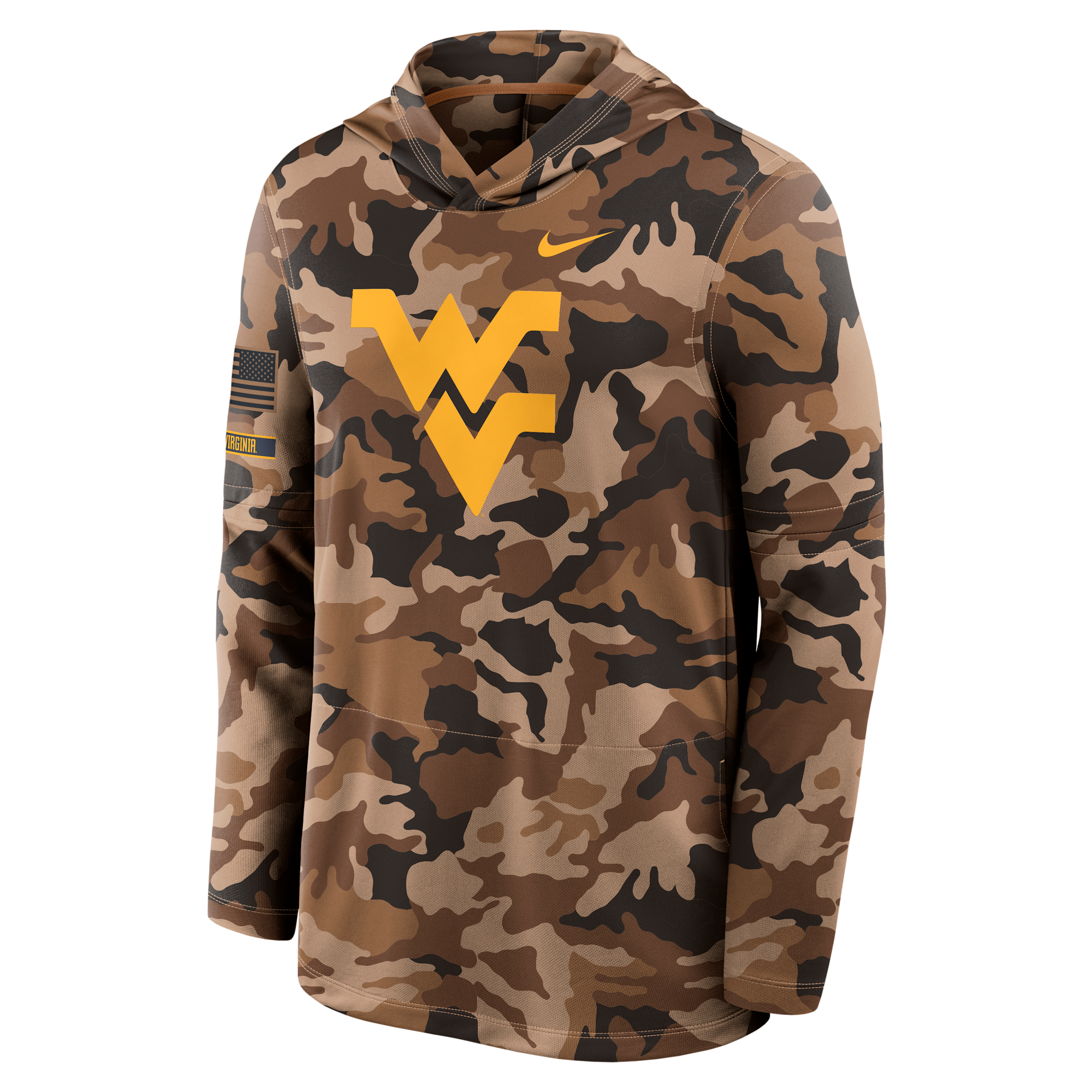 West Virginia Military Appreciation Nike Men's Dri-FIT College Long-Sleeve Hooded Top in Brown | 03B92EAWVN-954