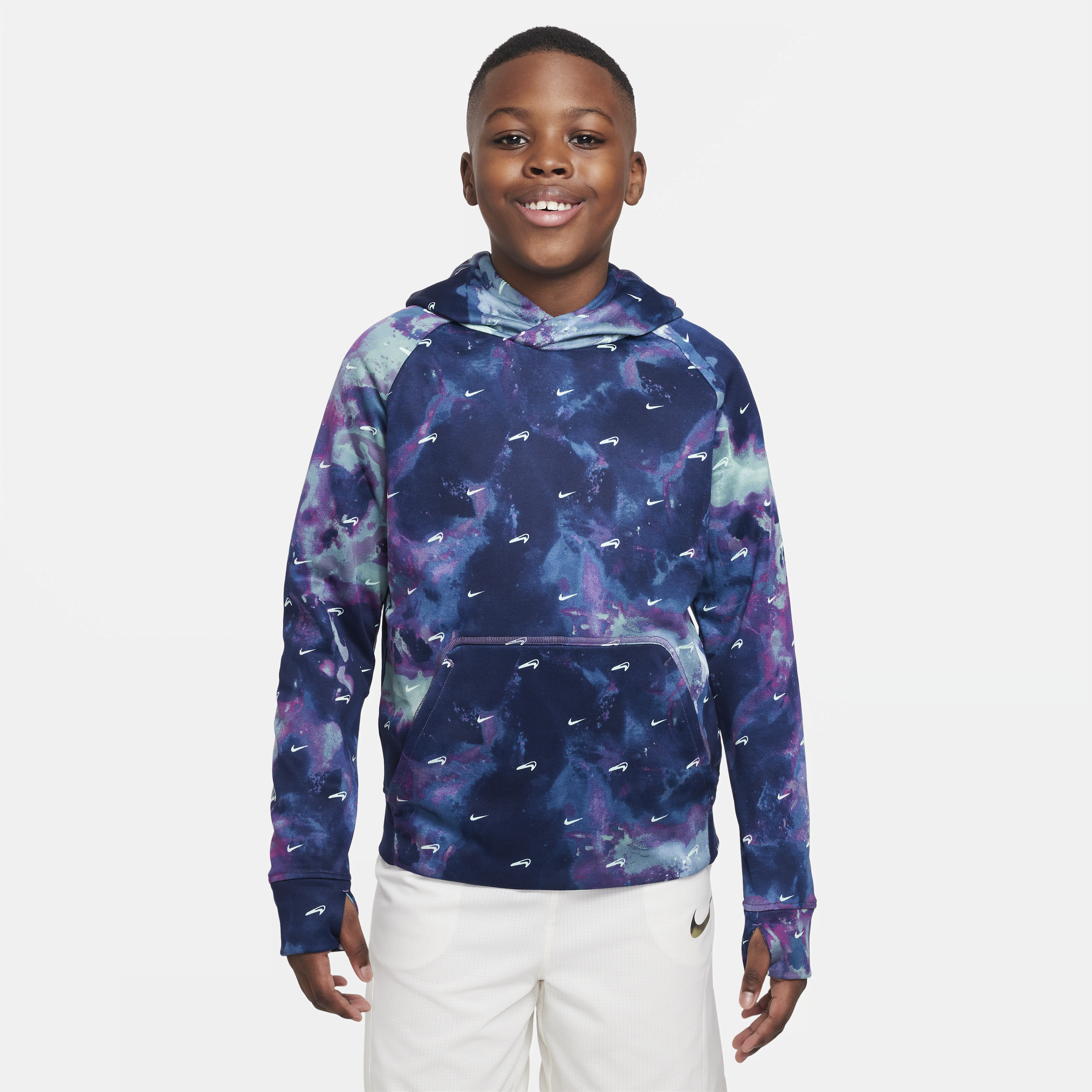 Nike Therma-fit Big Kids' (boys') Printed Pullover Hoodie (extended Size) In Blue