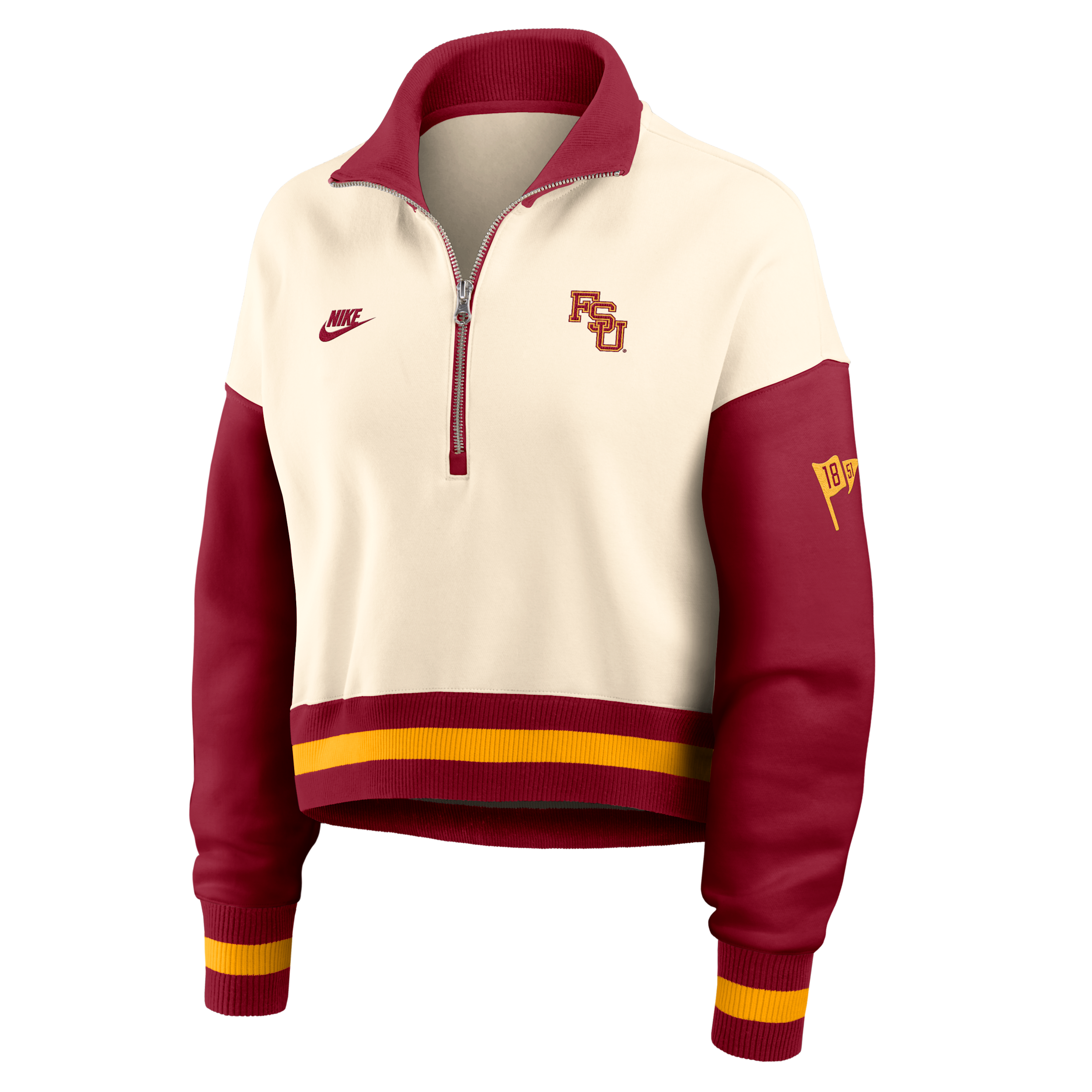 Nike Women's Natural/Scarlet Florida State Seminoles Oversized Legacy Color Block Cropped Quarter-Zip Pullover Sweatshirt - Natural, Scarlet
