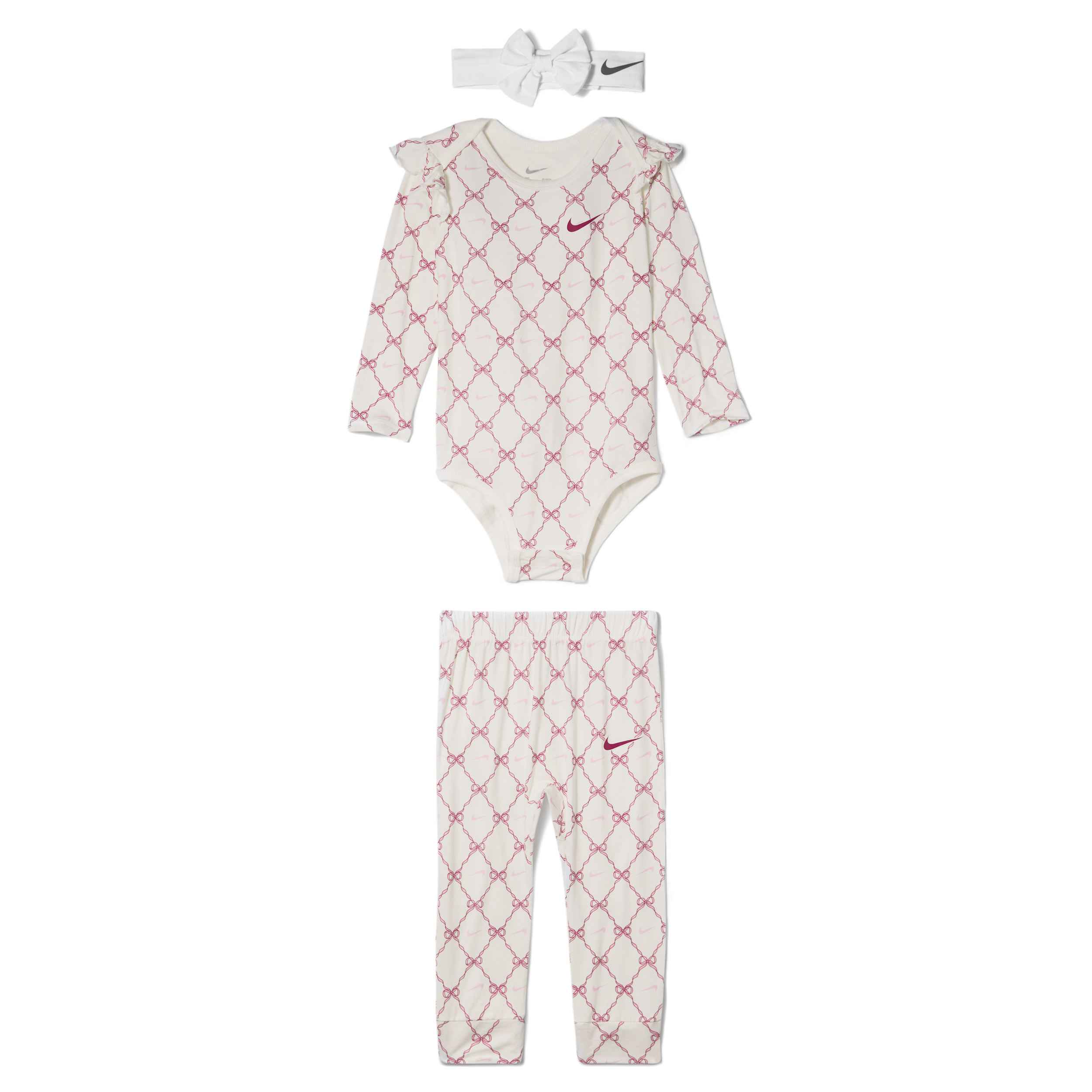 Nike Baby Girls' Long-Sleeve Bow-Print Bodysuit, Pants and Headband, 3-Piece Set - Sail/Sweet Beet