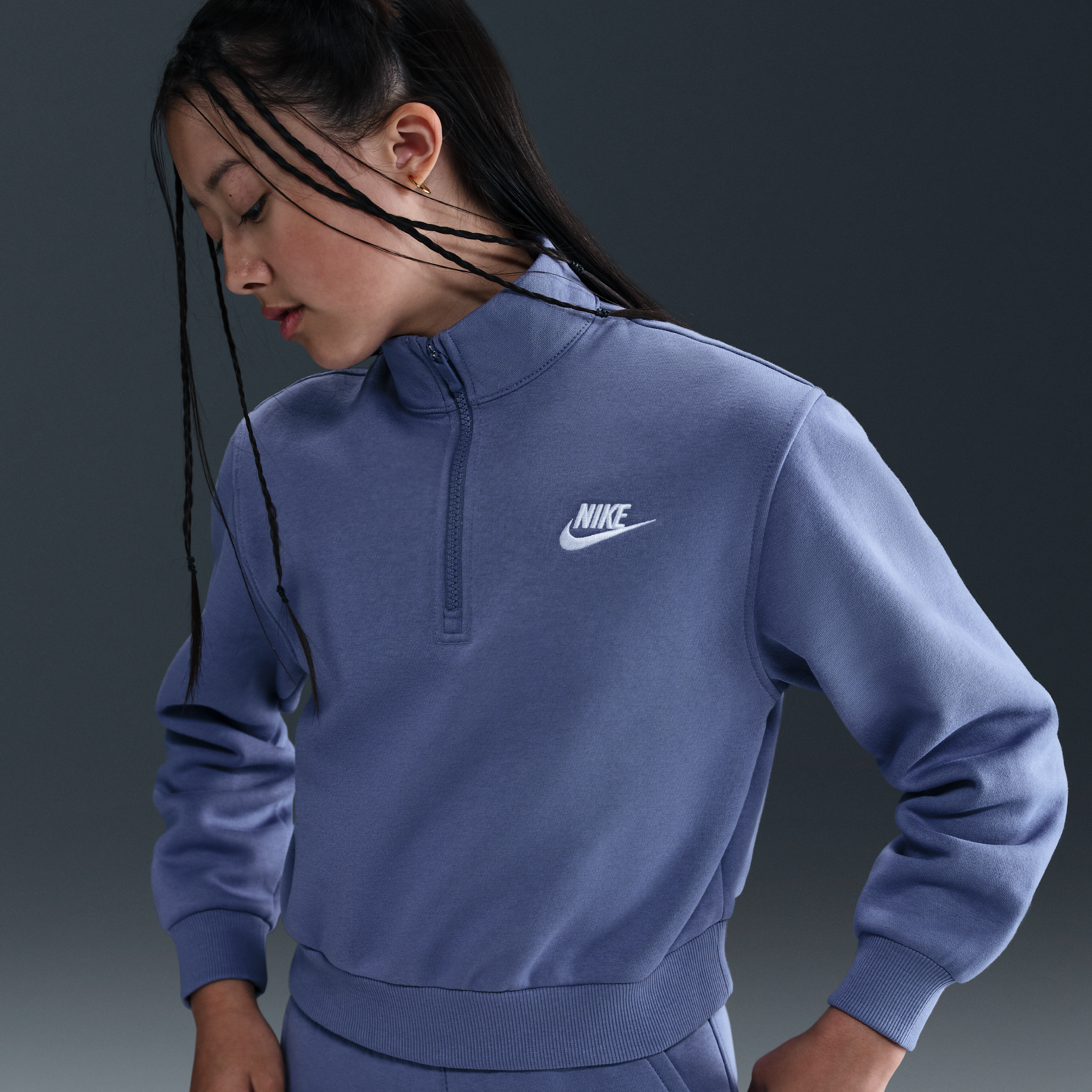 Nike Club Big Kid Girls Mock Neck Long Sleeve Fleece Active Quarter-Zip Pullover, Large, Blue
