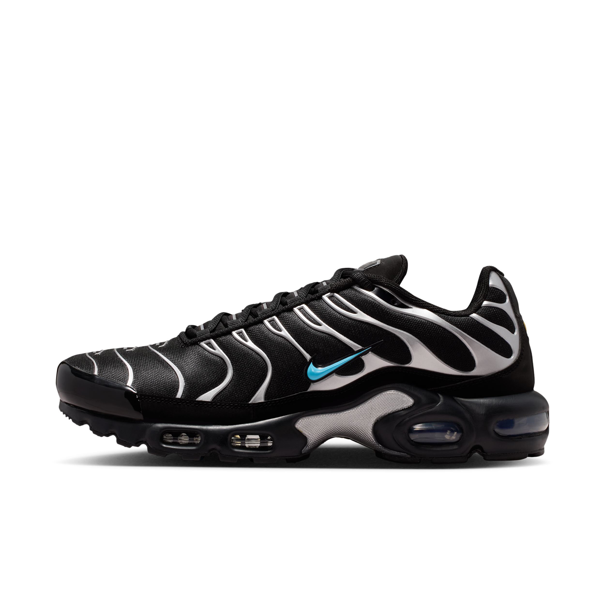 Nike Men's Air Max Plus Premium Casual Shoes in Black/Chrome/Gamma Blue Size: 11.5