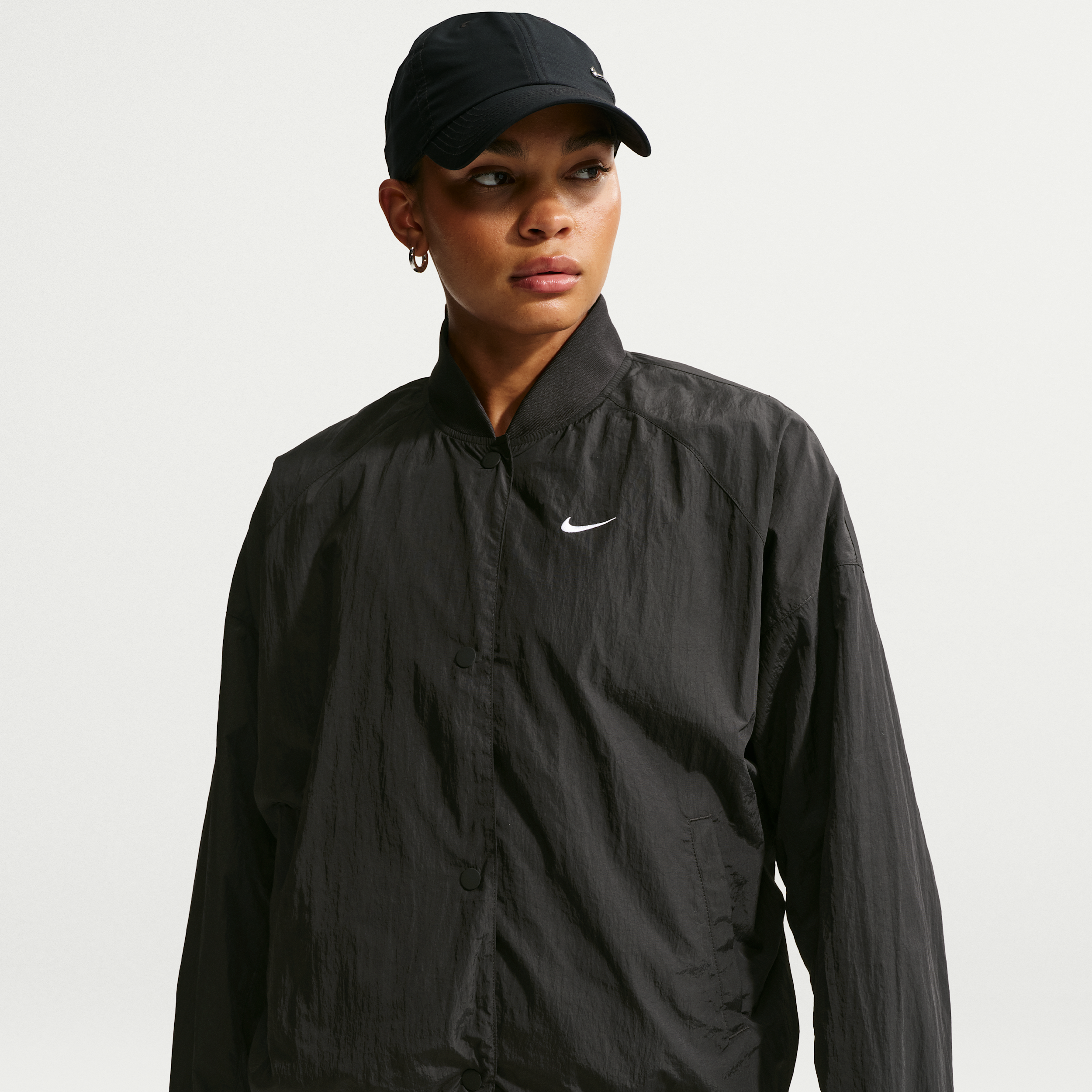 Women's Nike Sportswear Oversized Varsity Jacket in Black | IF0332-010