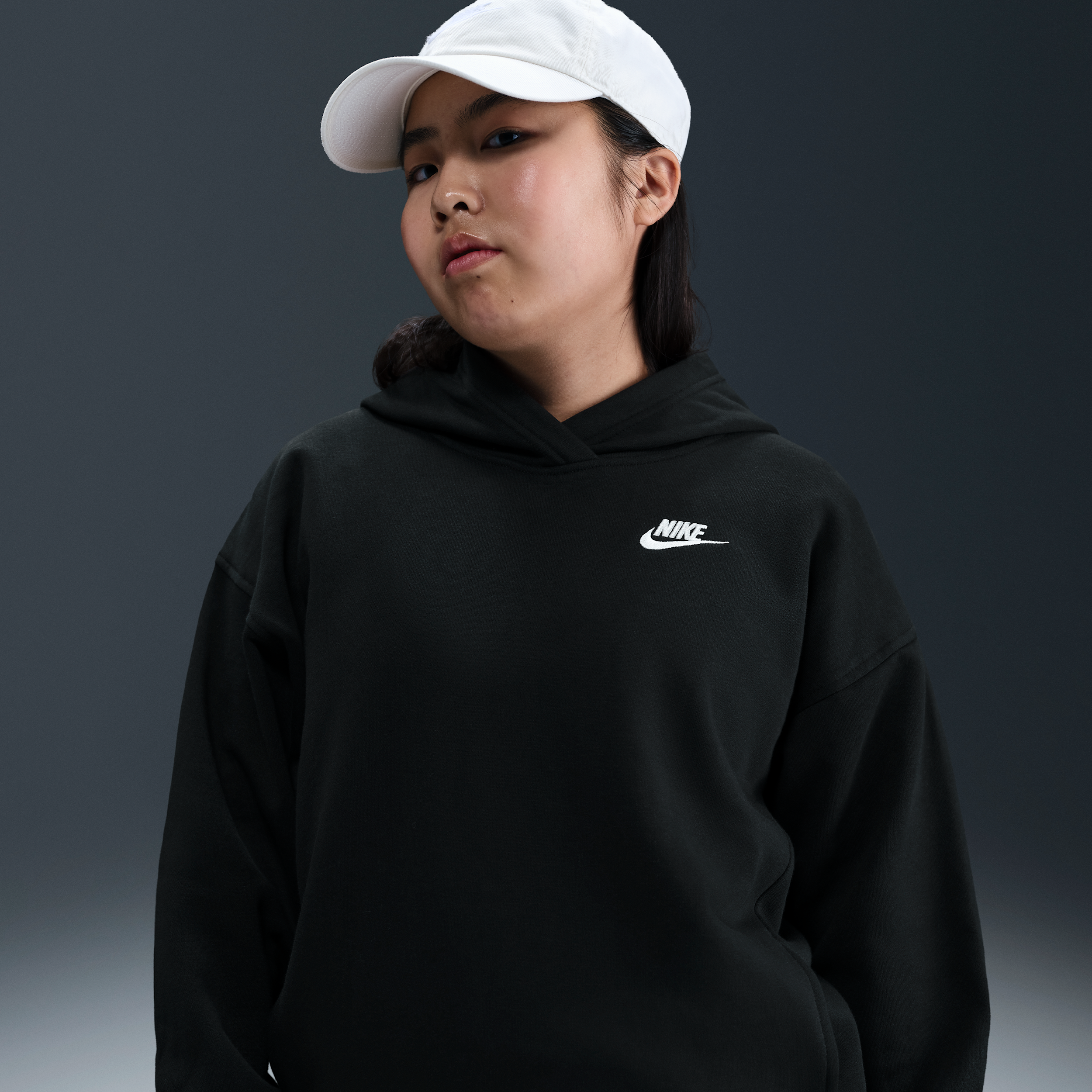 Nike Sportswear Club Fleece Big Kids' (Girls') Oversized Pullover Hoodie (Extended Size) in Black | FZ5580-010