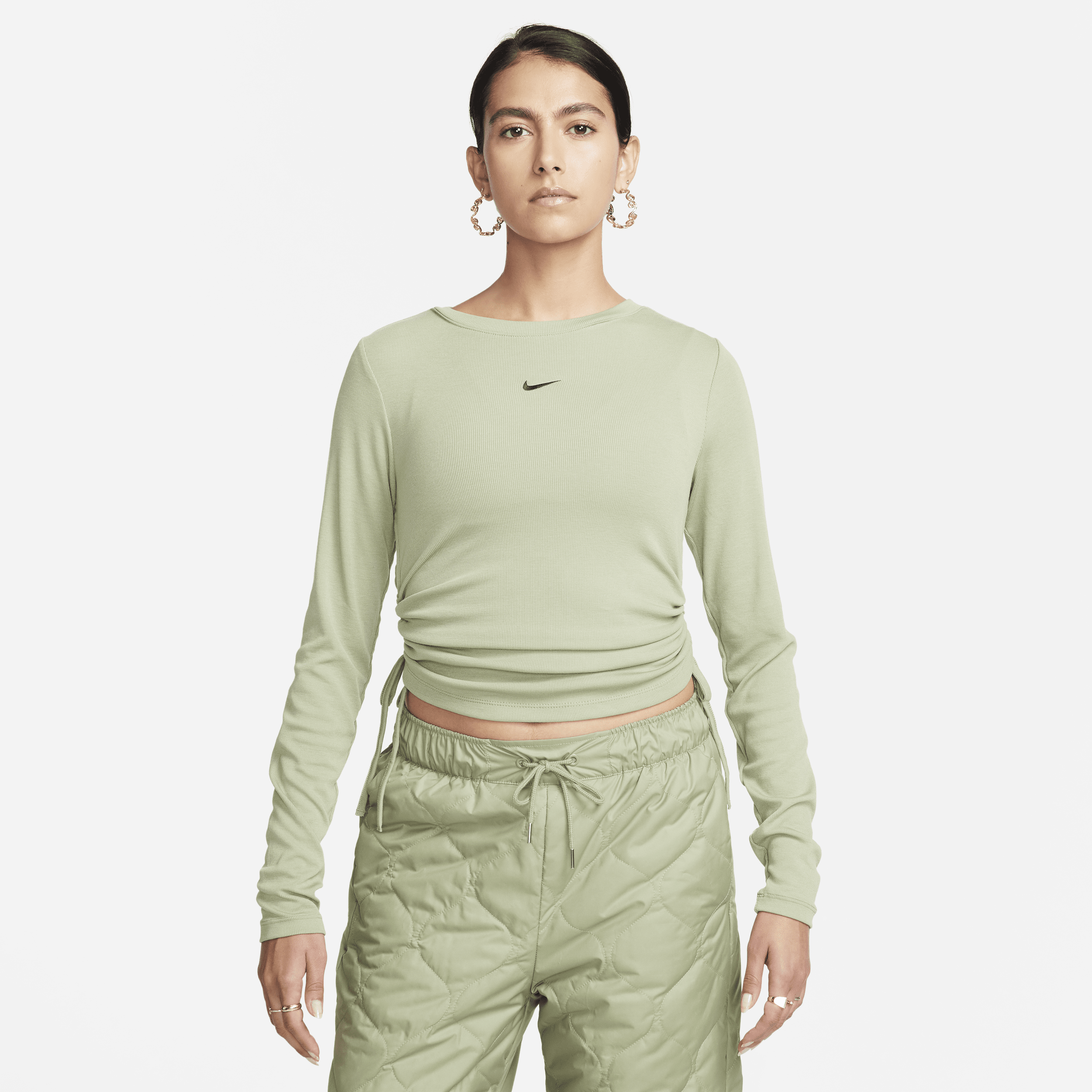 Shop Nike Women's  Sportswear Essential Ribbed Long-sleeve Mod Crop Top In Green