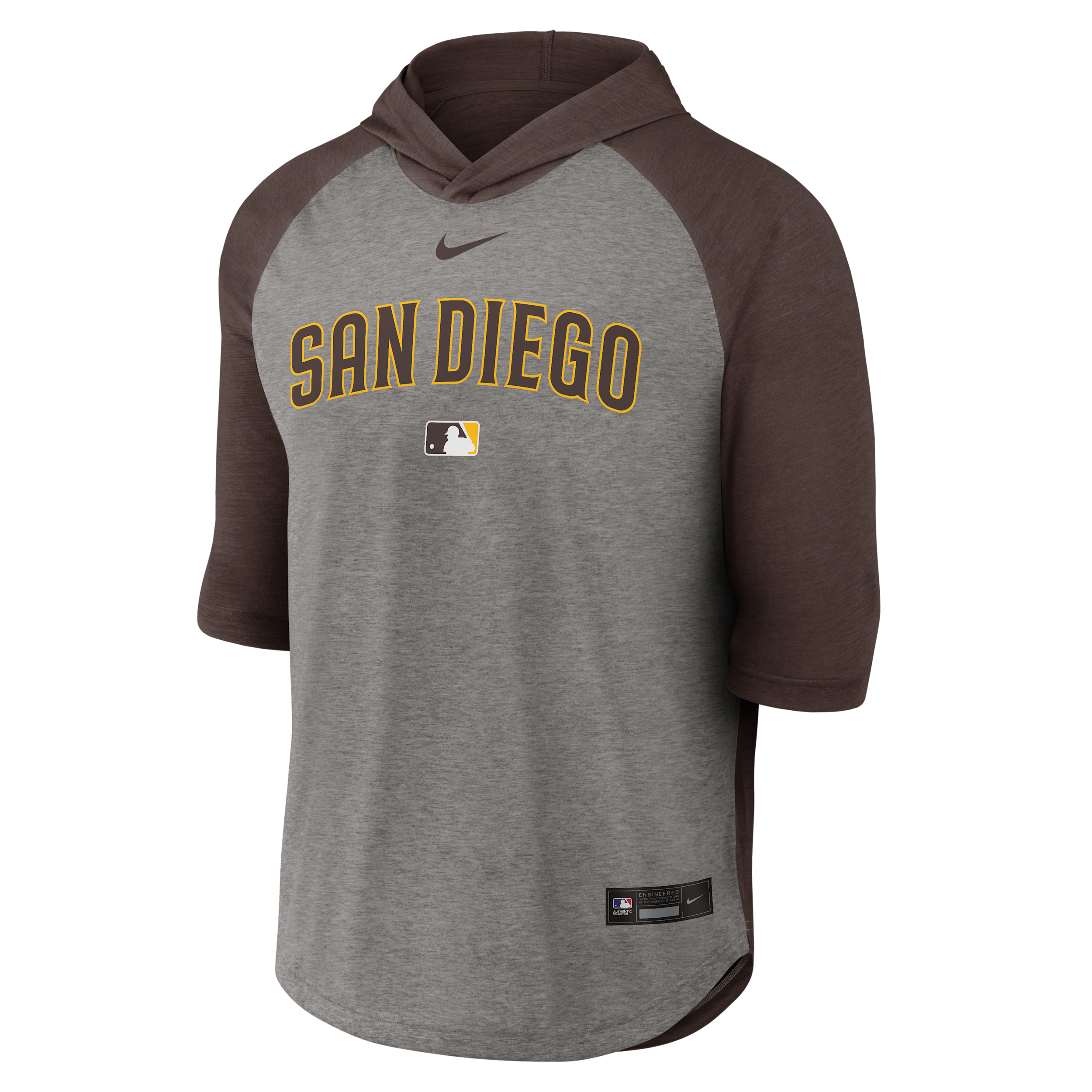 San Diego Padres Authentic Collection Flux Nike Men's Dri-FIT MLB 3/4-Sleeve Hooded T-Shirt in Brown | 04HI0GIRPYP-LQZ