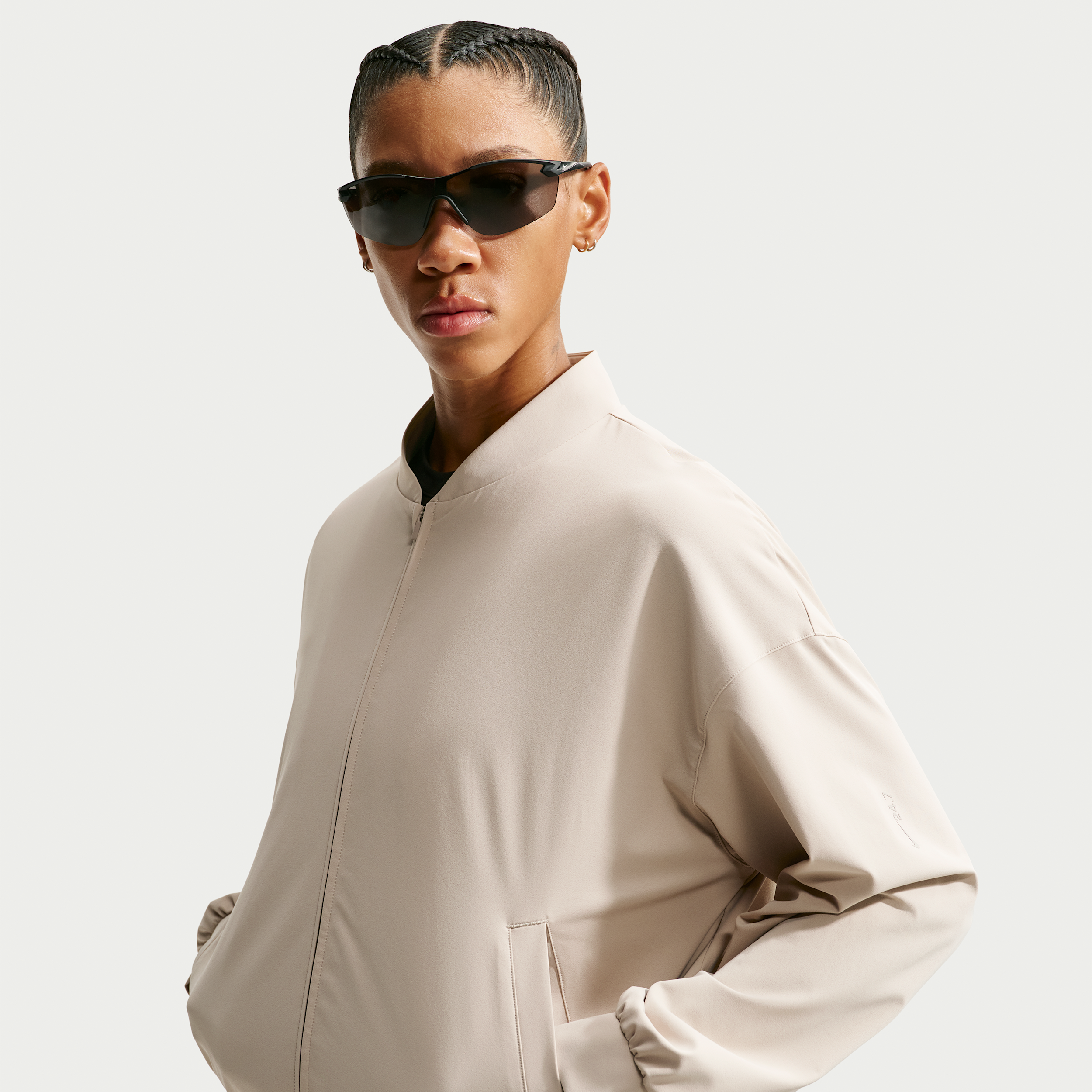 Nike Women's 24.7 PerfectStretch Dri-FIT UV Protection Oversized Bomber Jacket in Brown | IO2405-236