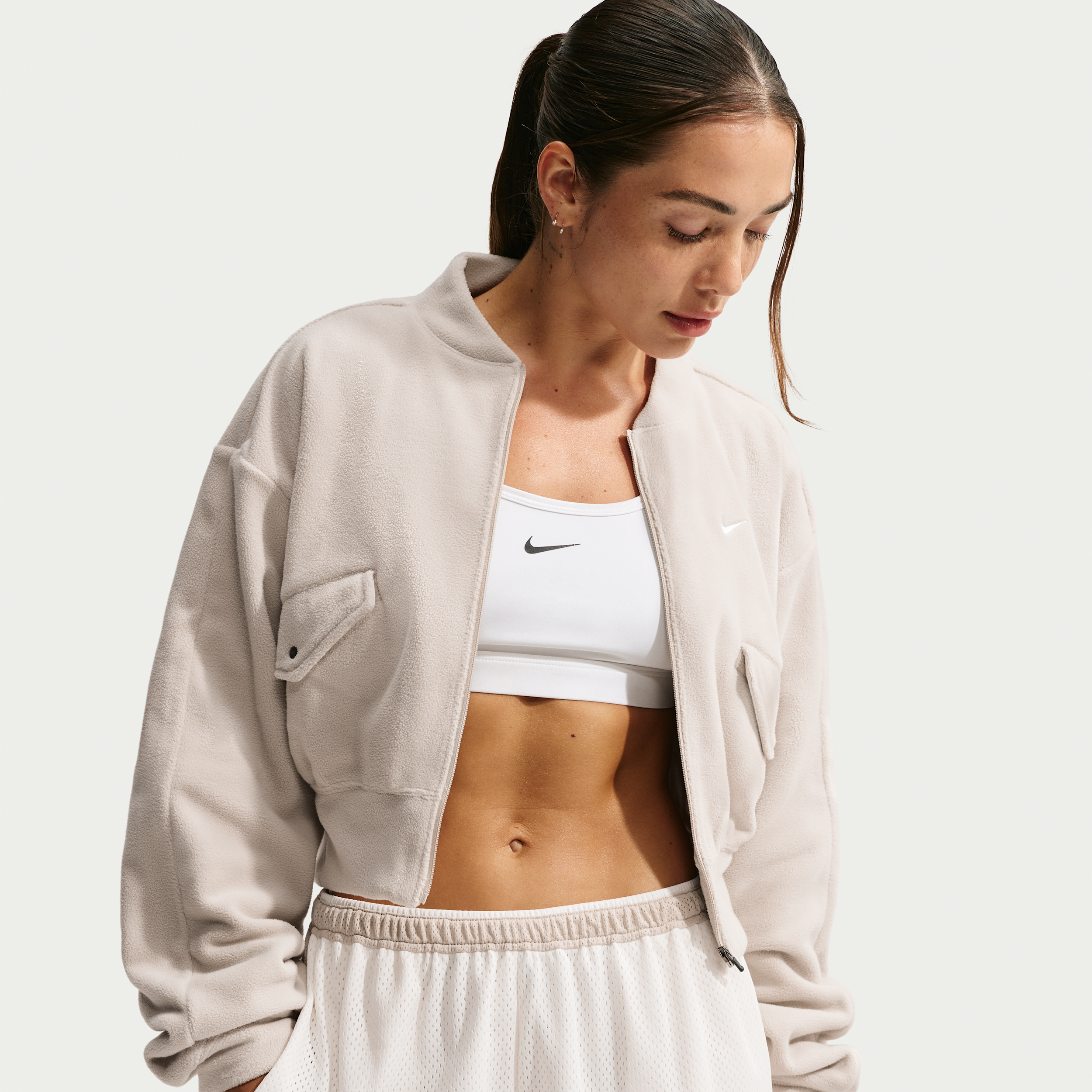Nike Women's One Therma-FIT Fleece Bomber Jacket in Brown | IO1048-236