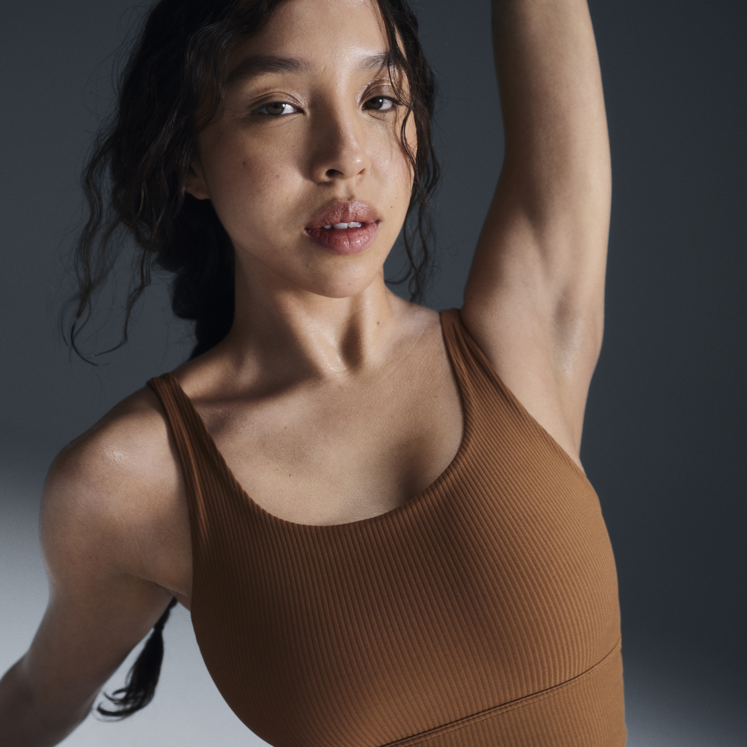 Nike Women's Zenvy Rib Light-support Padded Longline Sports Bra In Brown