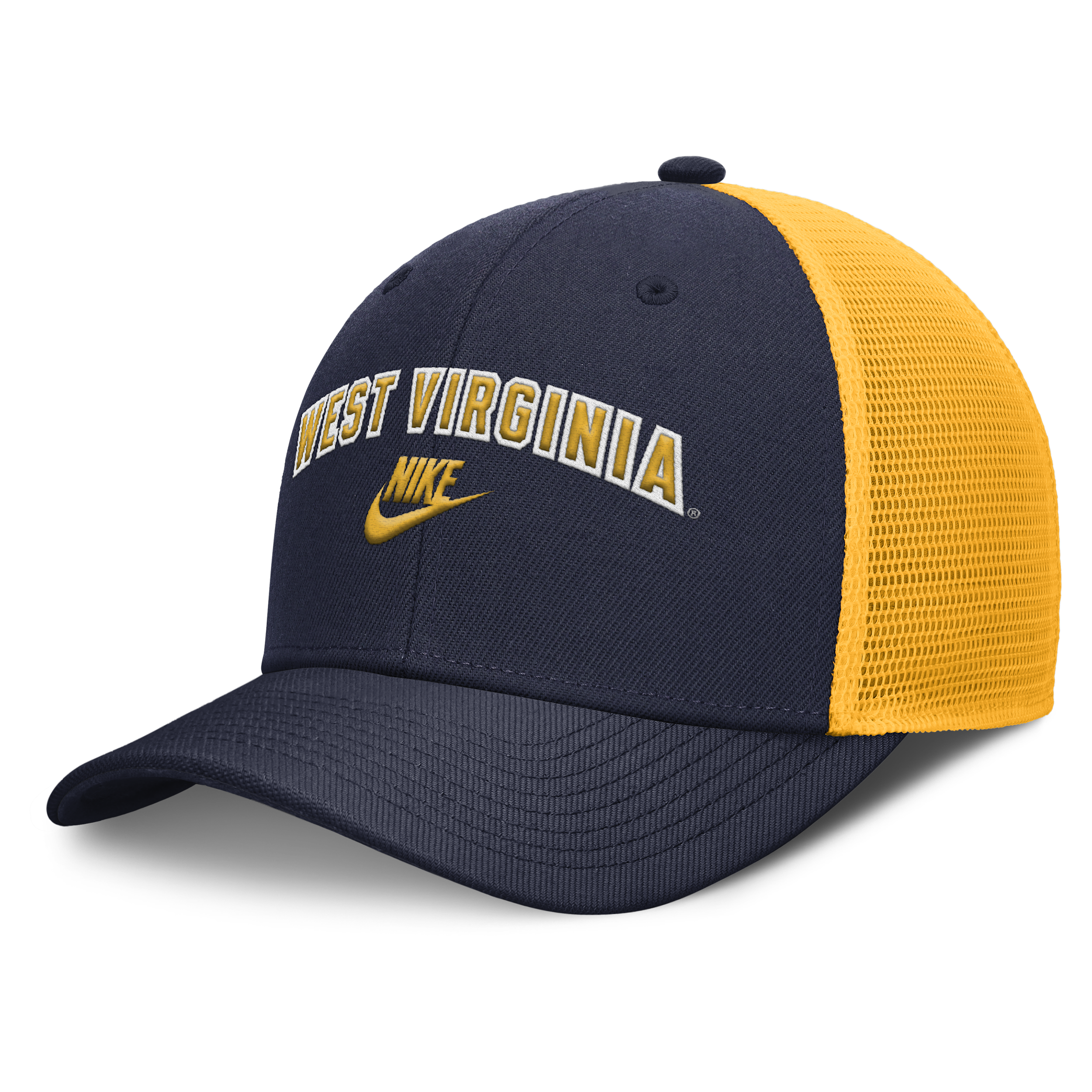 Nike Men's Navy/gold West Virginia Mountaineers Legacy Arch Rise Performance Trucker Adjustable Hat In Blue