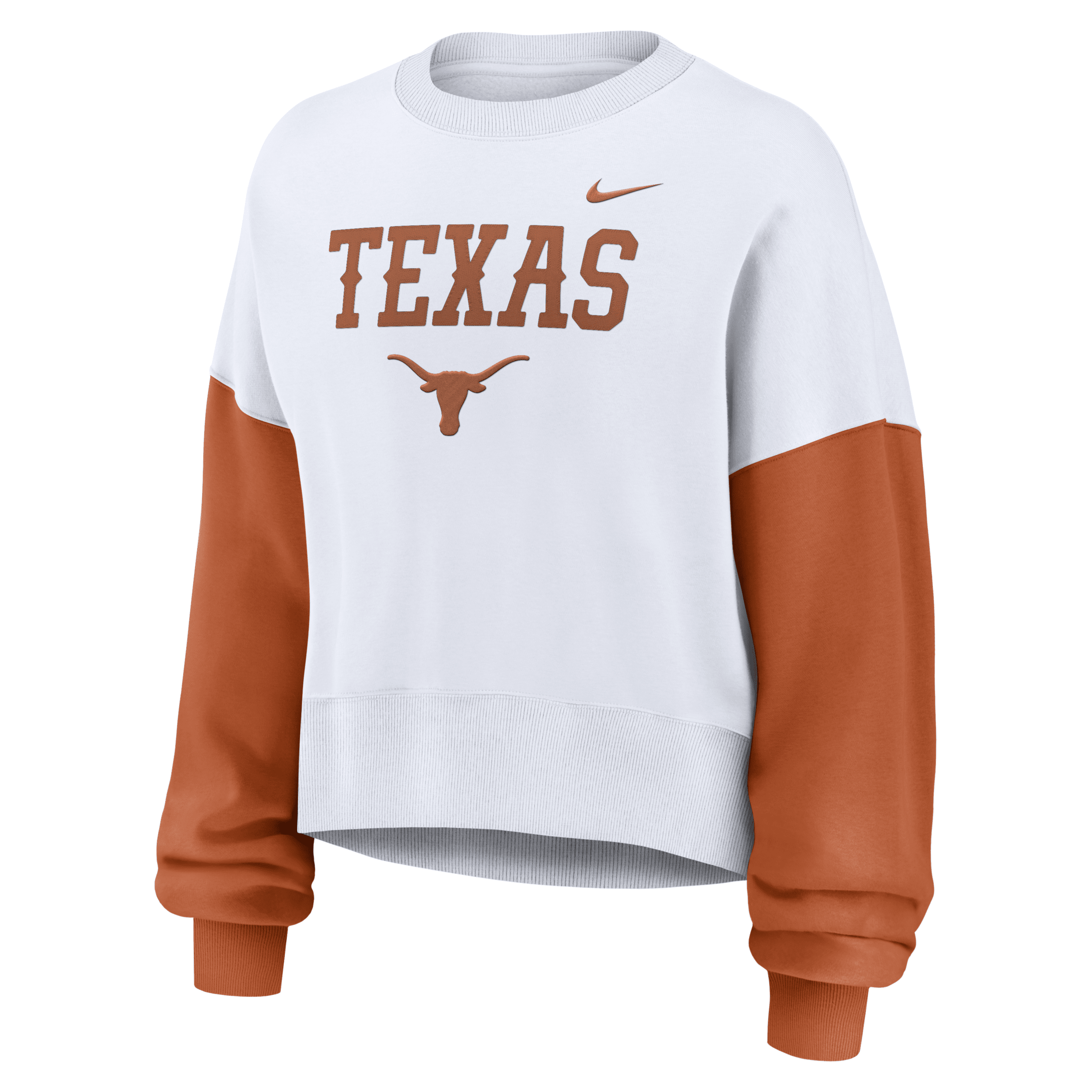 Nike Women's White Texas Longhorns Color-block Oversized Cropped Pullover Sweatshirt In White