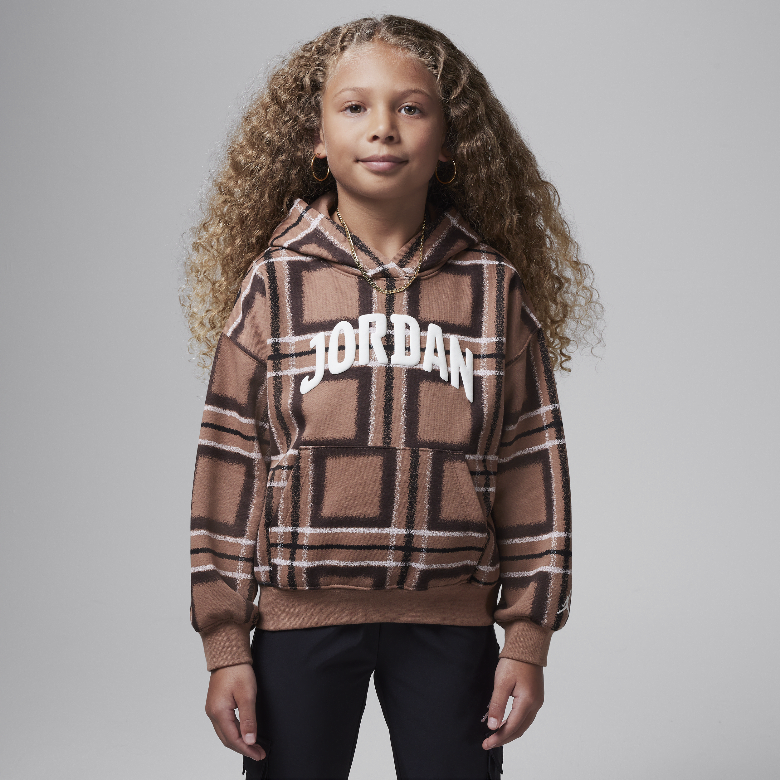 Jordan Brooklyn Essentials Little Kids' Plaid Print Pullover Hoodie In Brown
