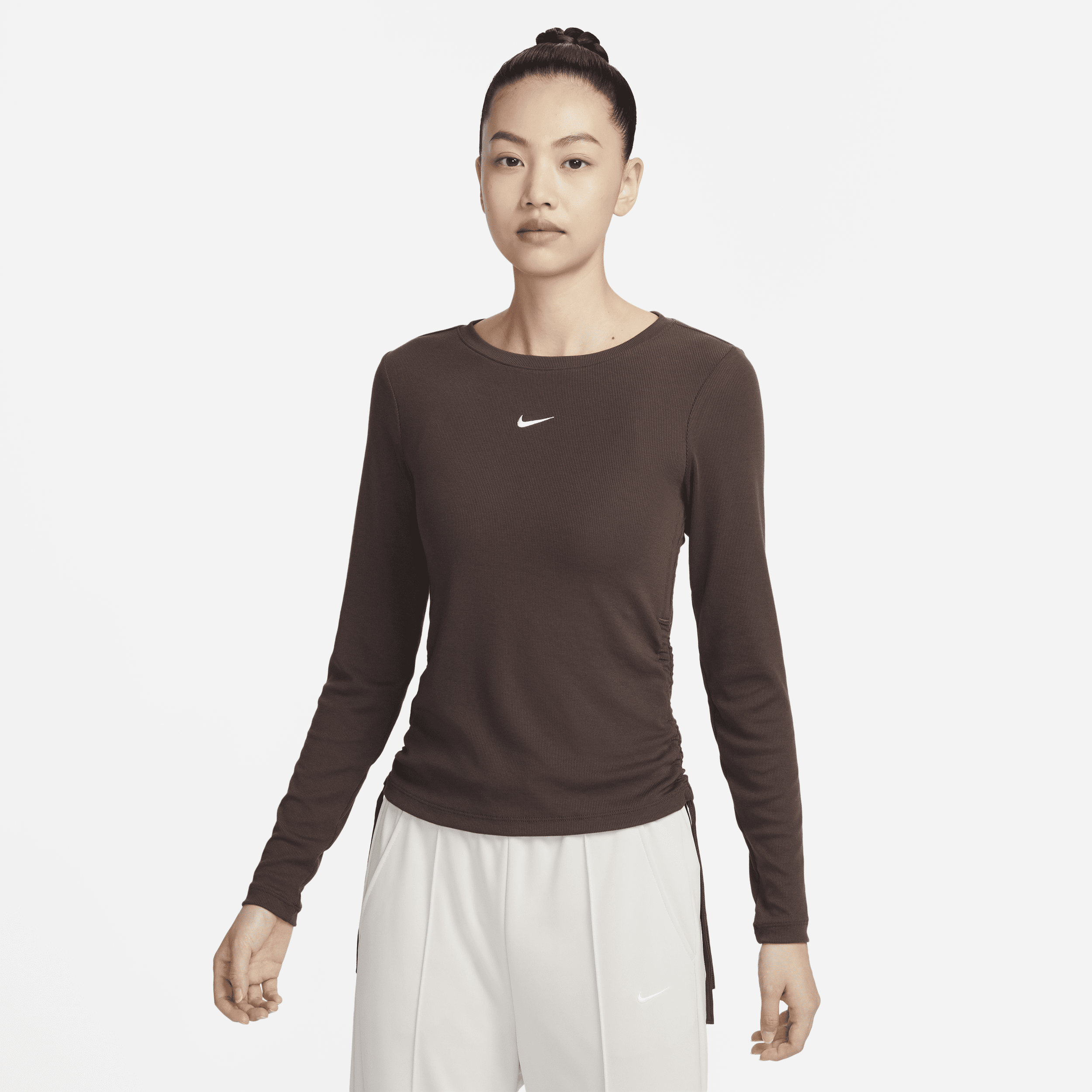 Shop Nike Women's  Sportswear Essential Ribbed Long-sleeve Mod Crop Top In Brown