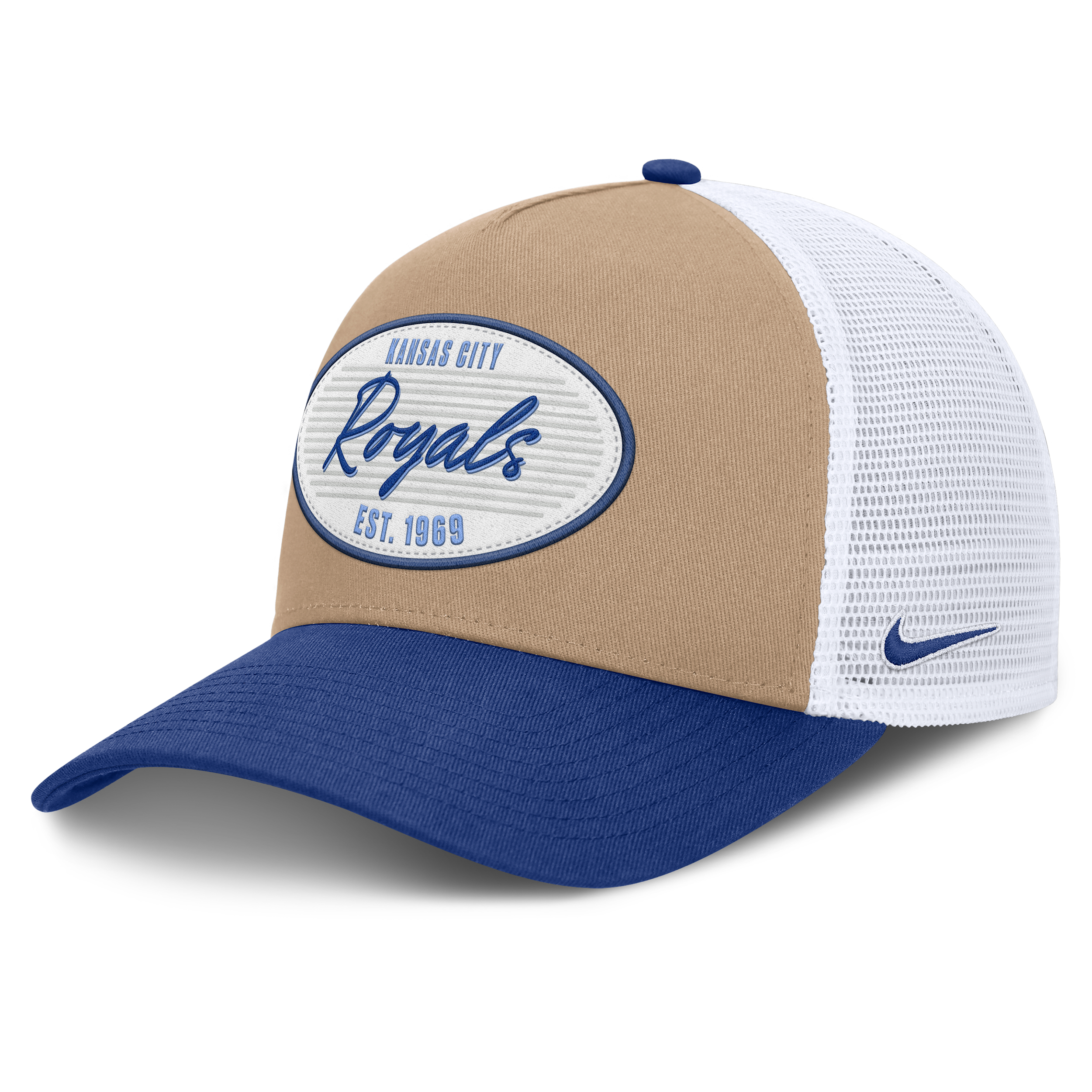 Kansas City Royals Rise Nike Men's MLB A-Frame Trucker Adjustable Hat in Brown | NB1F0JOUROY-G3T