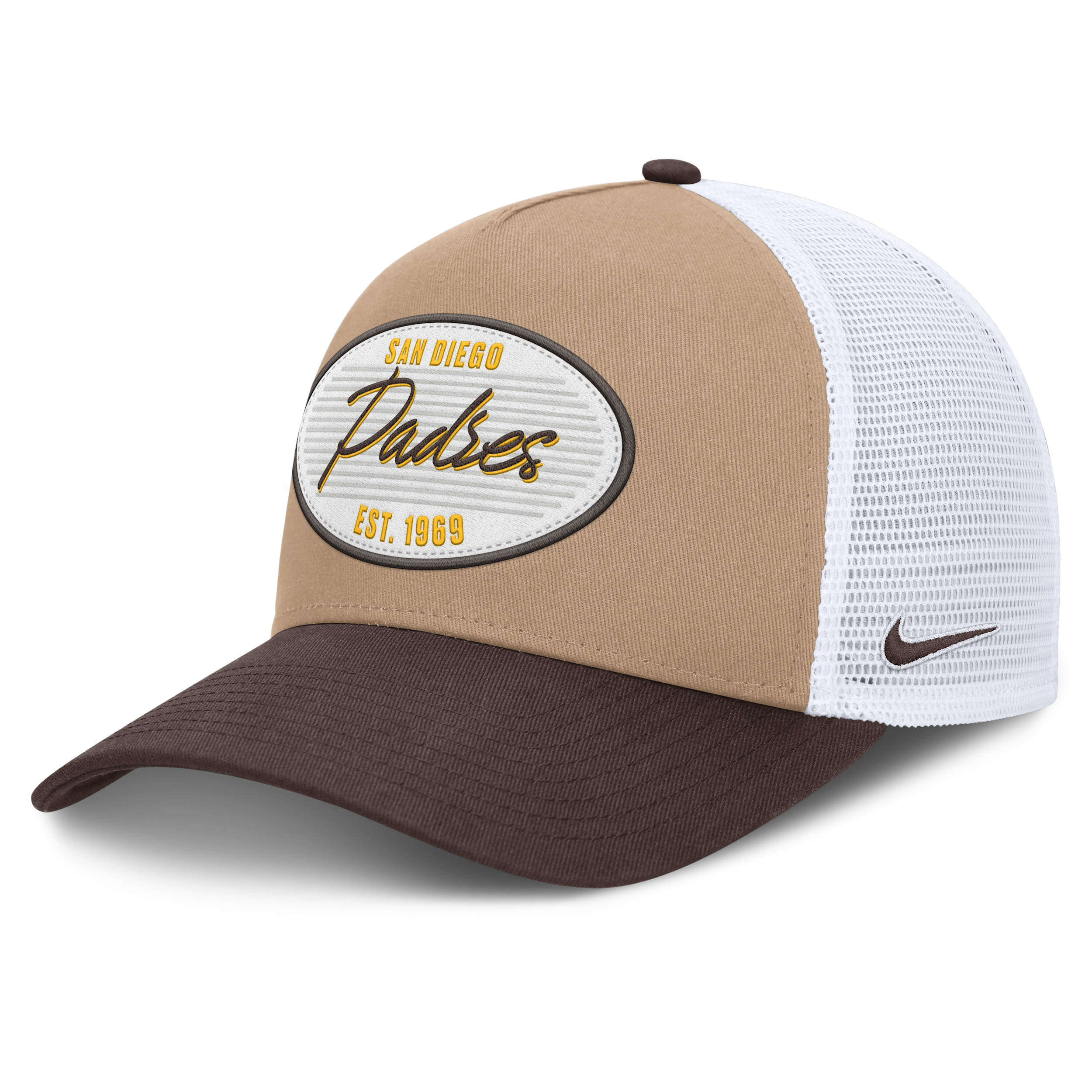 San Diego Padres Rise Nike Men's MLB A-Frame Trucker Adjustable Hat in Brown | NB1F0JOXPYP-G3T