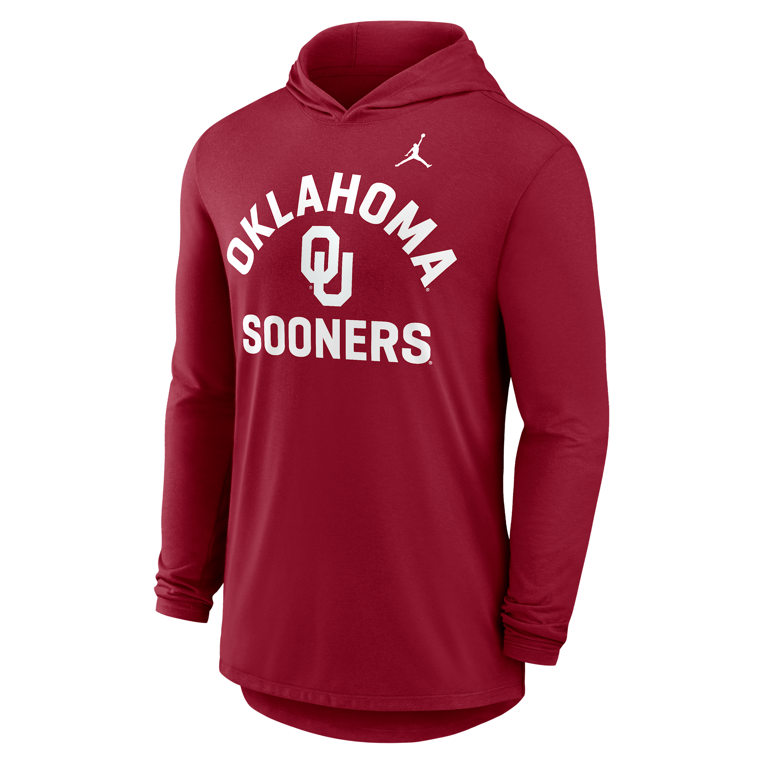Men's Oklahoma Primetime Arch Jordan Brand Dri-FIT College Long-Sleeve Hooded T-Shirt in Red | 0JNB69WOKN-UKL