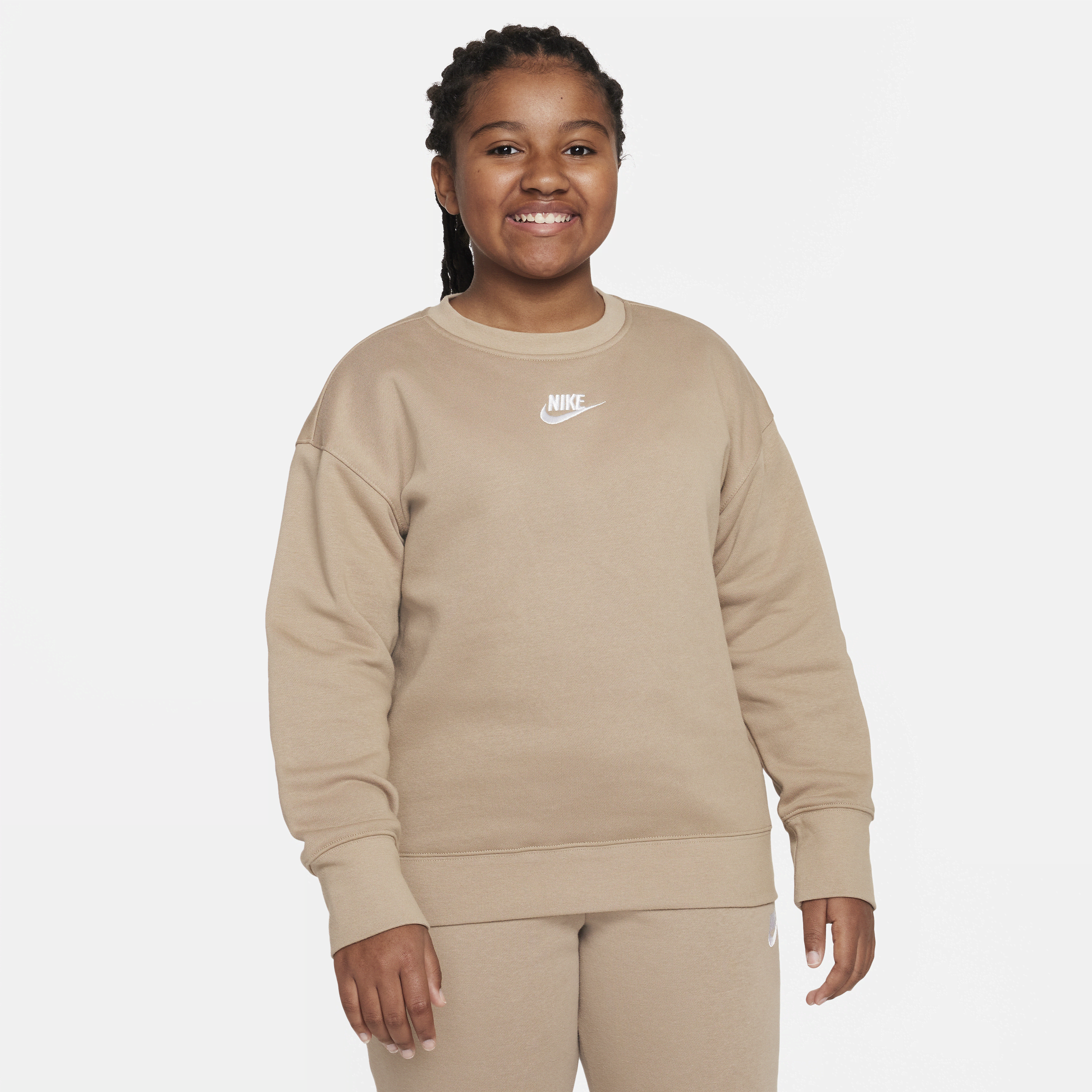 Nike Sportswear Club Fleece Big Kids' (girls') Crew (extended Size) In Brown