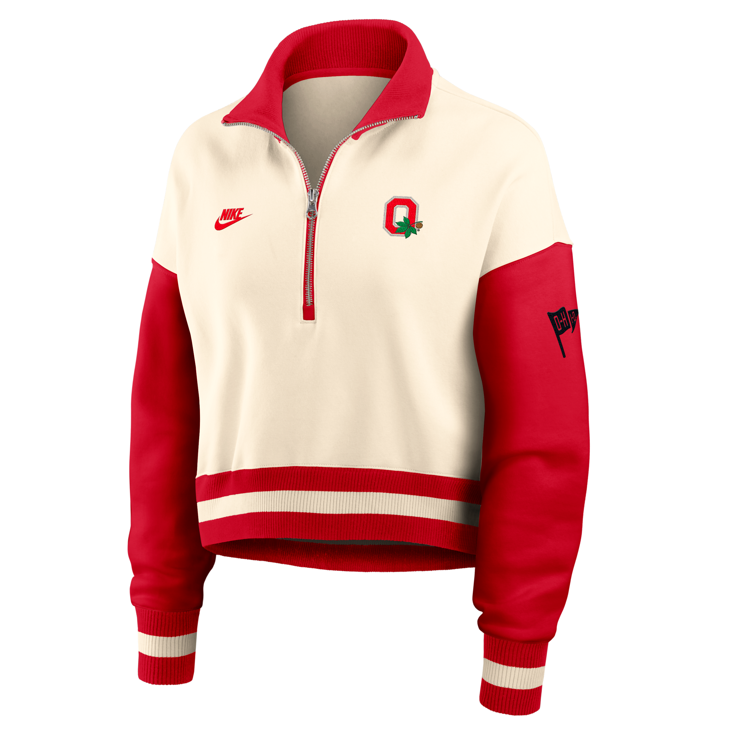 Nike Women's Natural/Scarlet Ohio State Buckeyes Oversized Legacy Color Block Cropped Quarter-Zip Pullover Sweatshirt - Natural, Scarlet