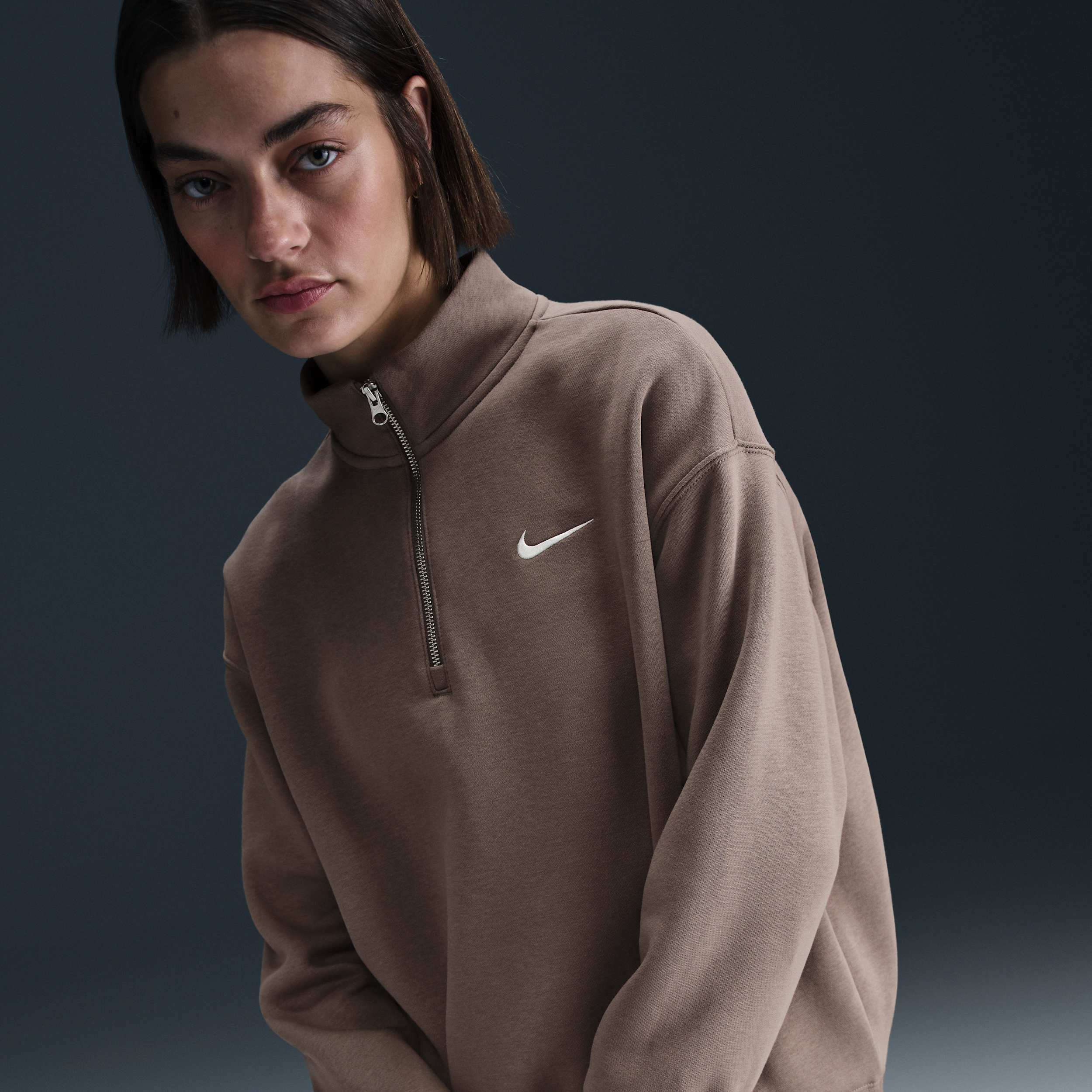 Nike Sportswear Phoenix Oversize Fleece Quarter Zip Top In Brown