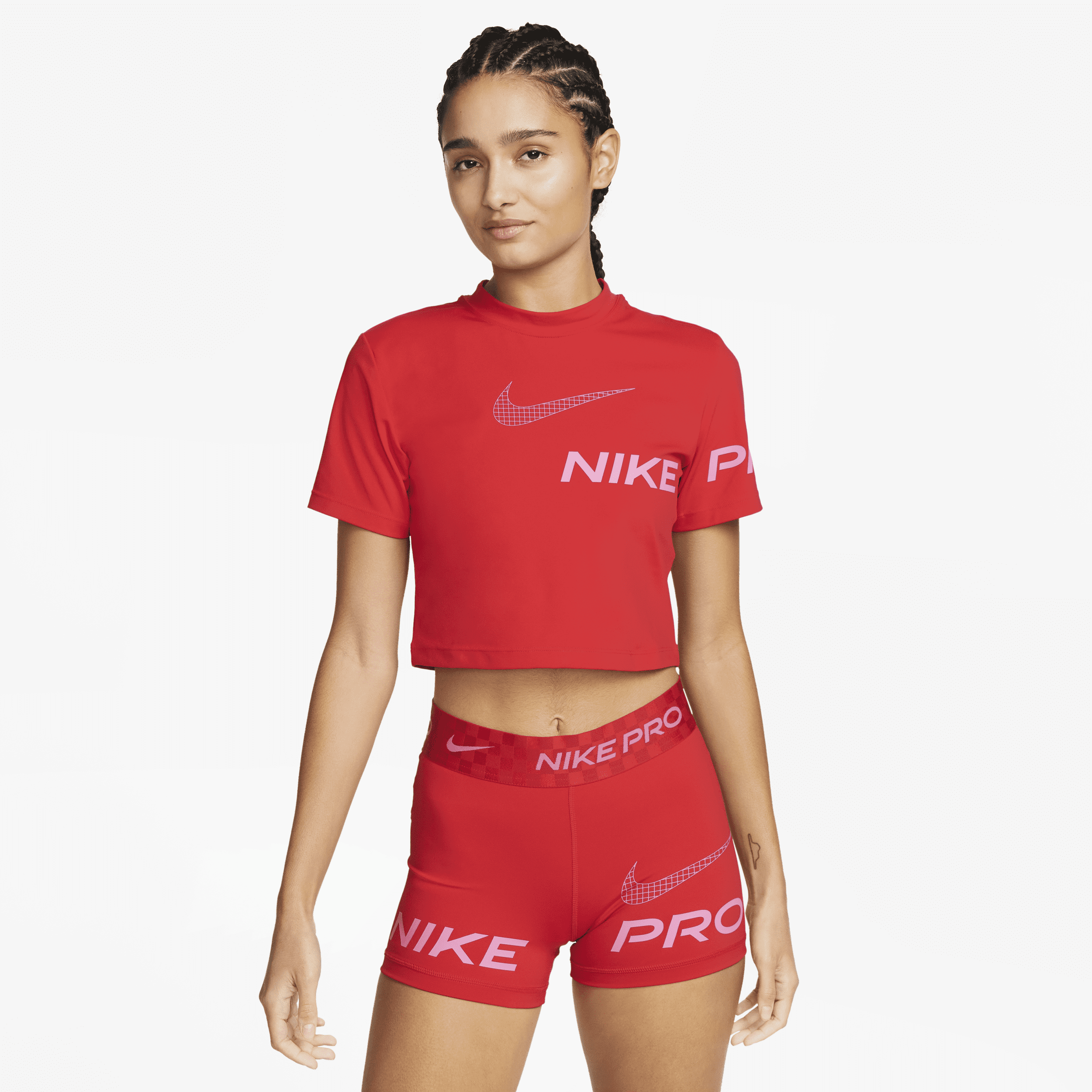 Shop Nike Women's  Pro Dri-fit Short-sleeve Cropped Graphic Training Top In Red