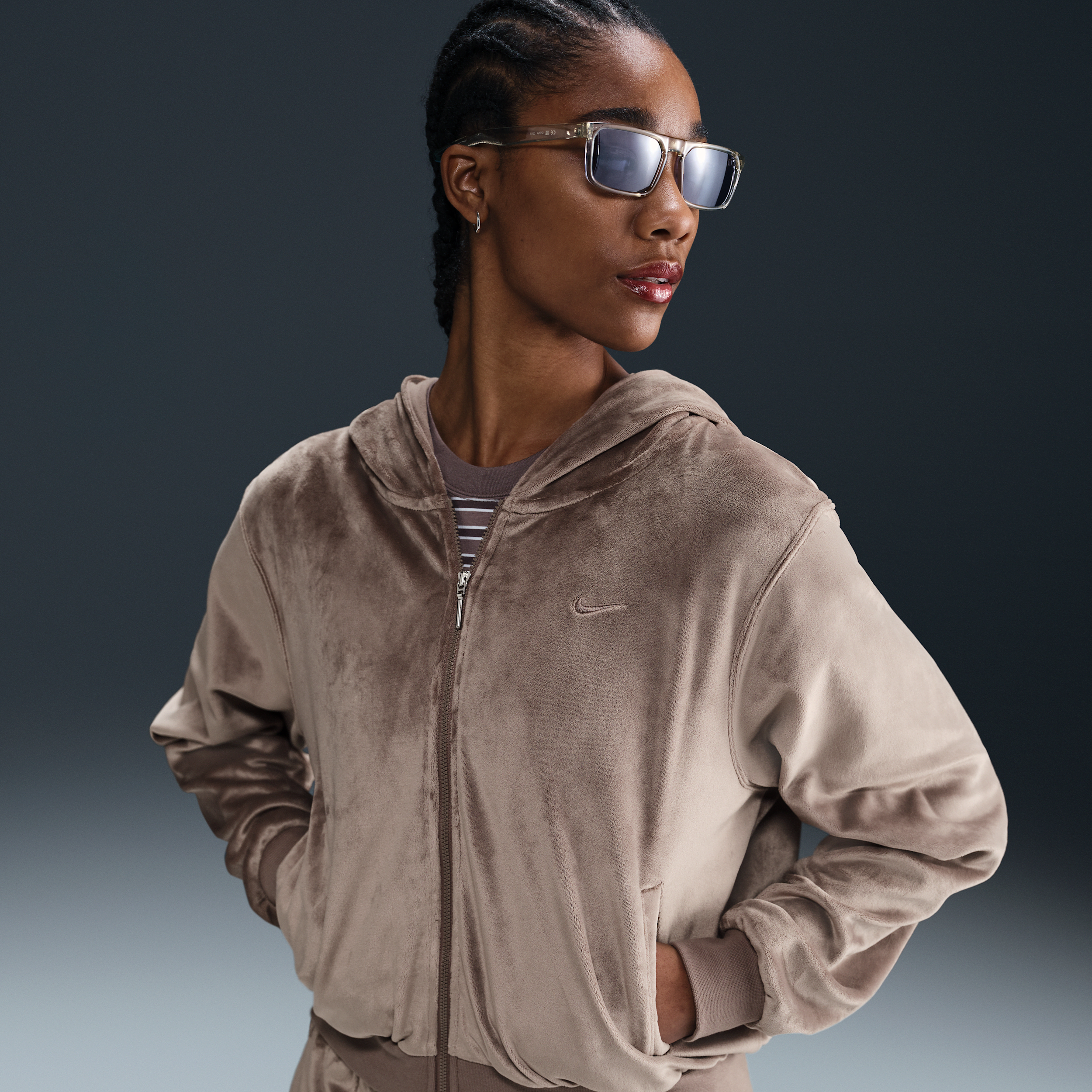 Nike Women's Sportswear Chill Knit Loose Velour Full-zip Hoodie In Brown