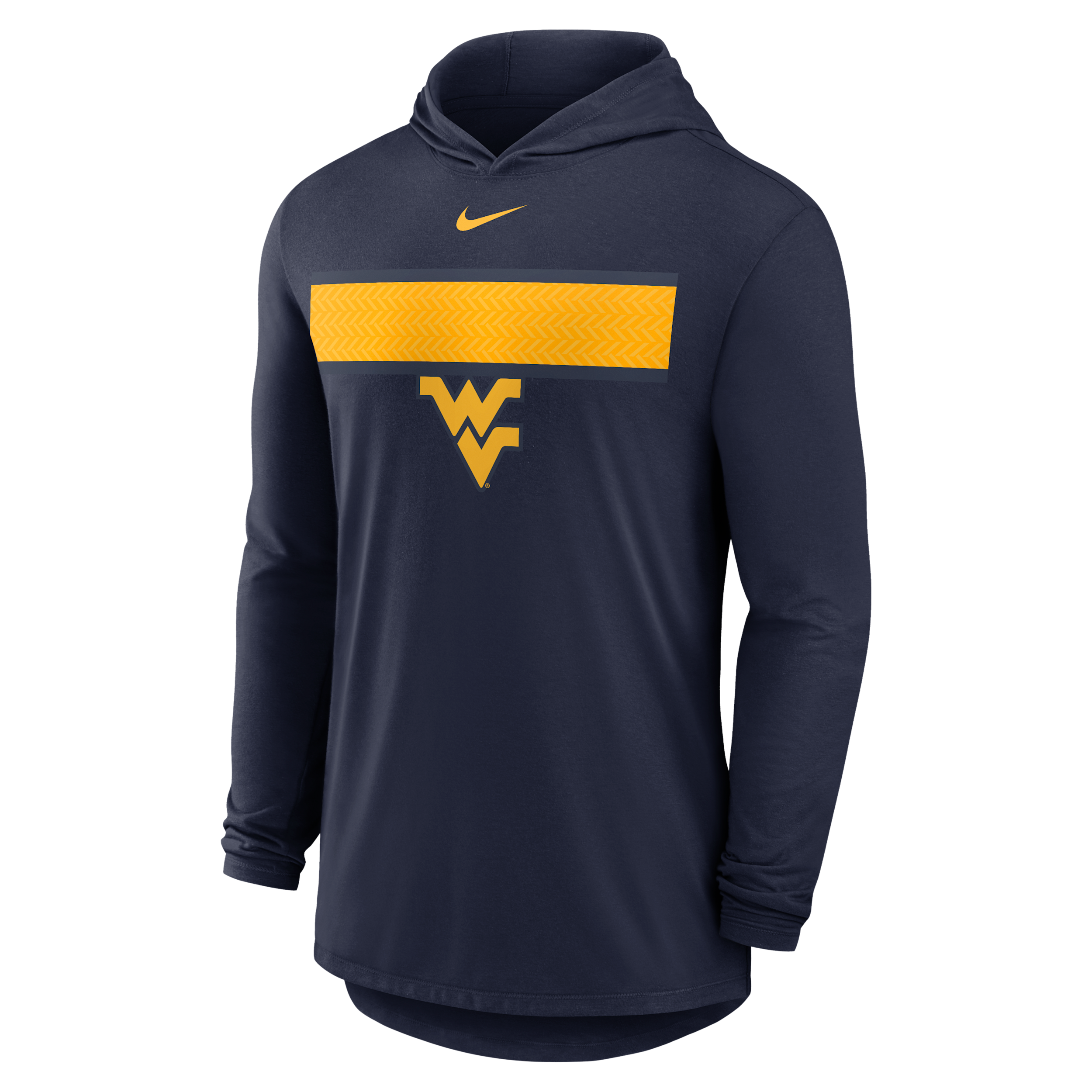 West Virginia Primetime Pattern Nike Men's Dri-FIT College Long-Sleeve Hooded T-Shirt in Blue | 01NB41SWVN-CZH