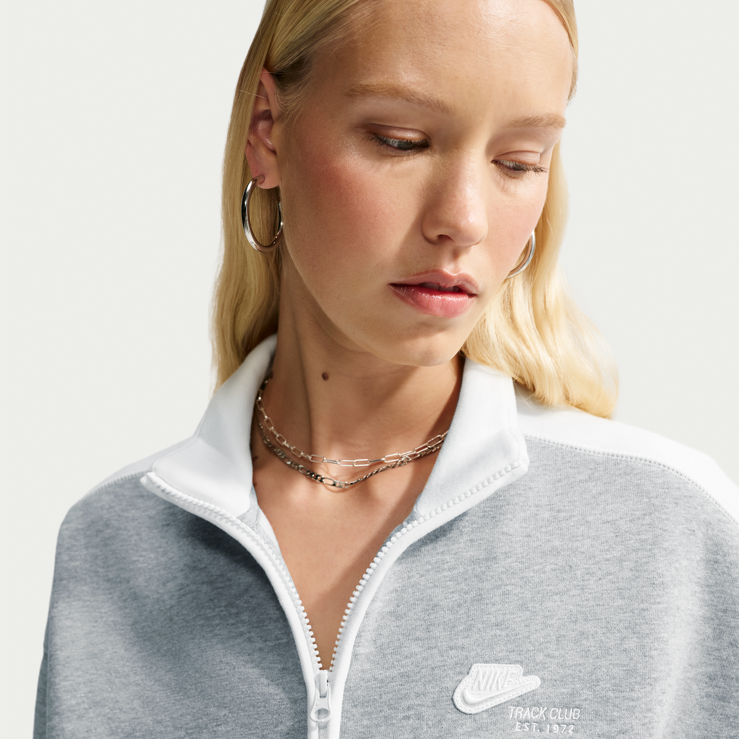 Nike Women's Studio Fleece Medium Weight "Nike Women's Run Club" Track Jacket in Grey | IO2300-063