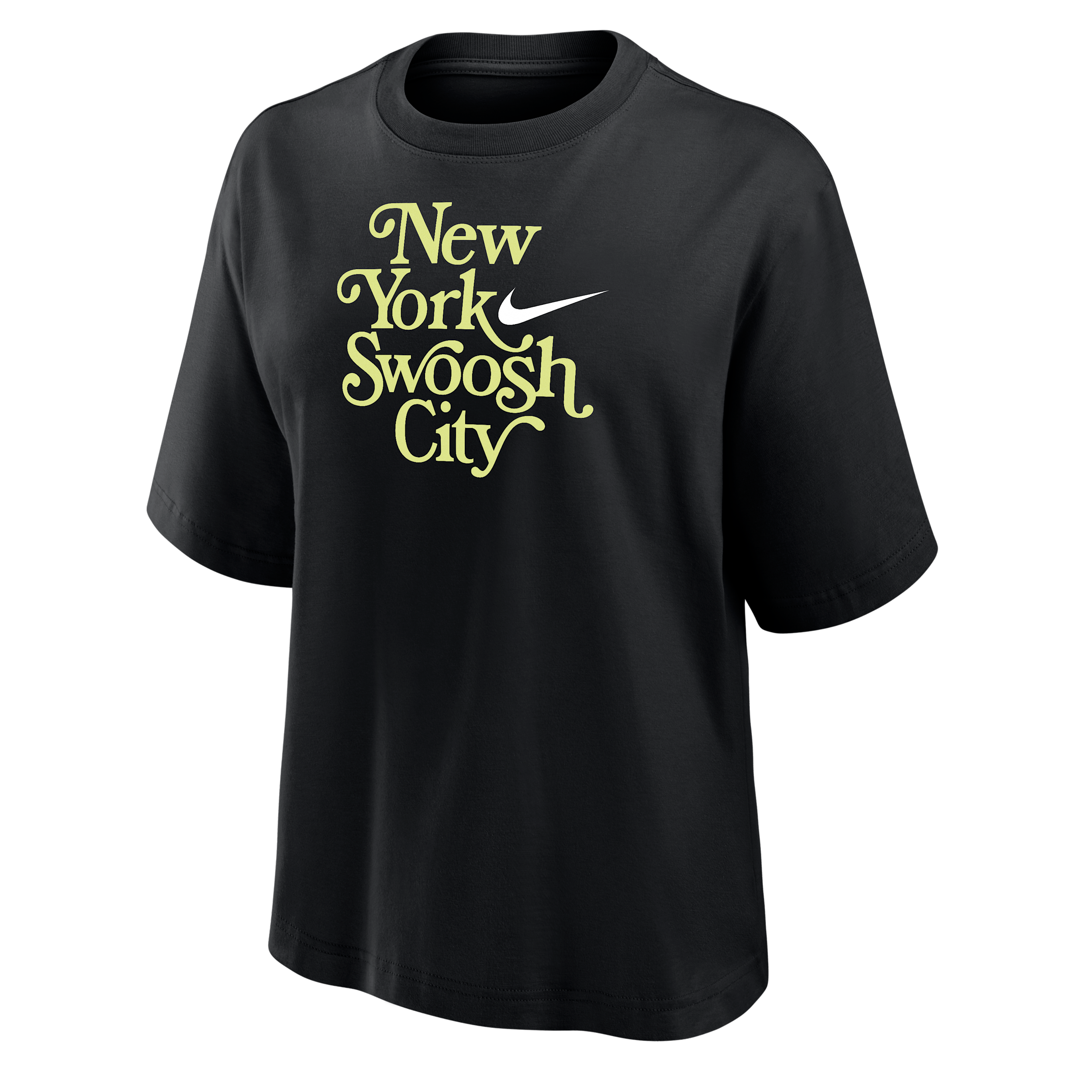 Nike Women's Swoosh Cities New York Short-Sleeve Boxy T-Shirt in Black | W11122NKYK25-BLK