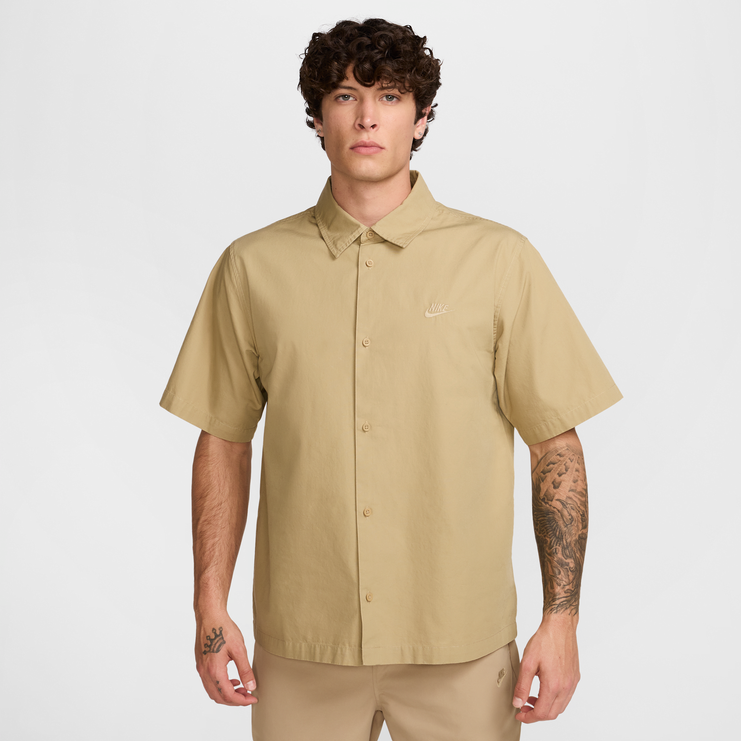 Nike Club Oversize Short Sleeve Cotton Poplin Button-up Shirt In Brown