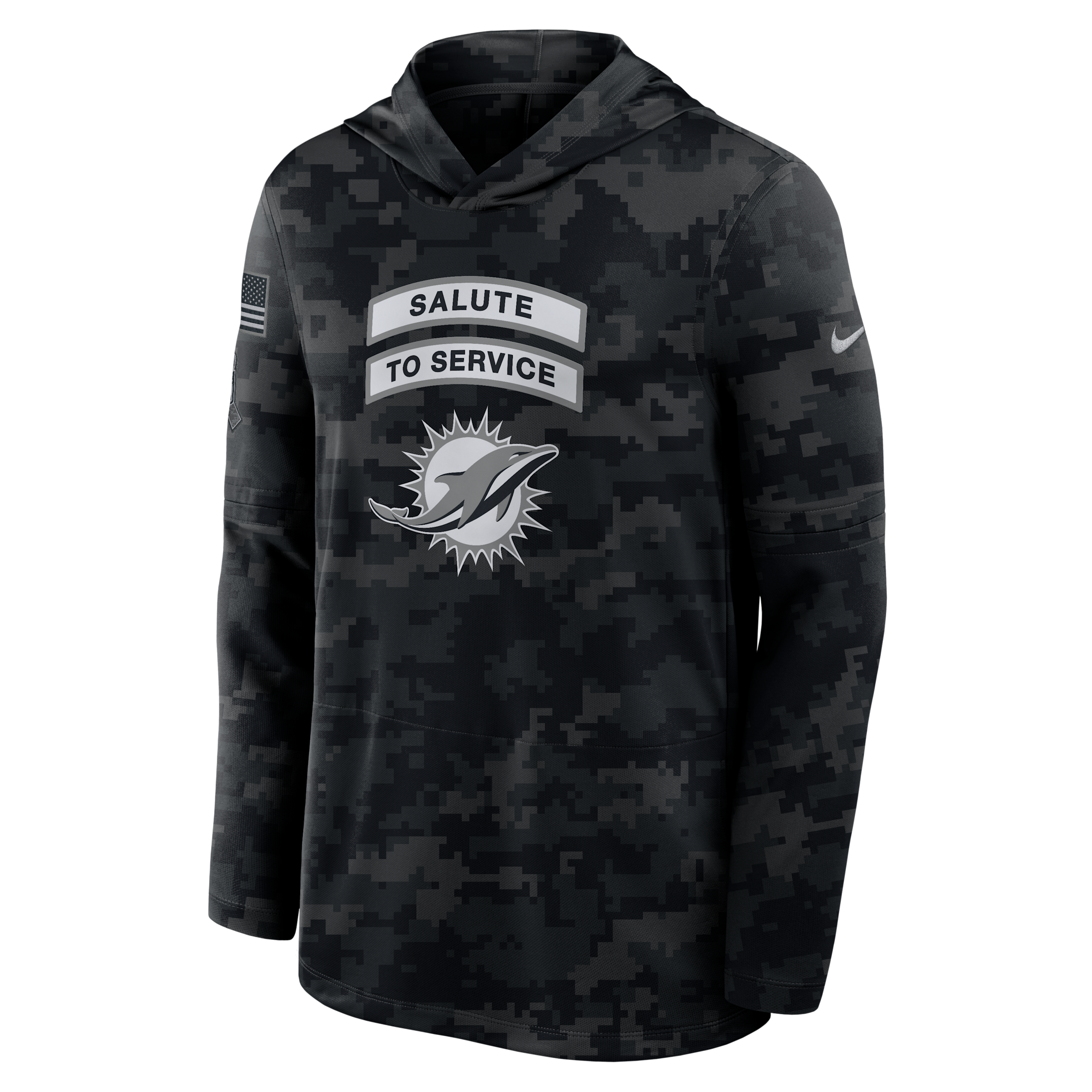 Miami Dolphins Salute to Service Sideline Nike Men's Dri-FIT NFL Long-Sleeve Hooded Top in Black | 03B90ILOA2J-YUN
