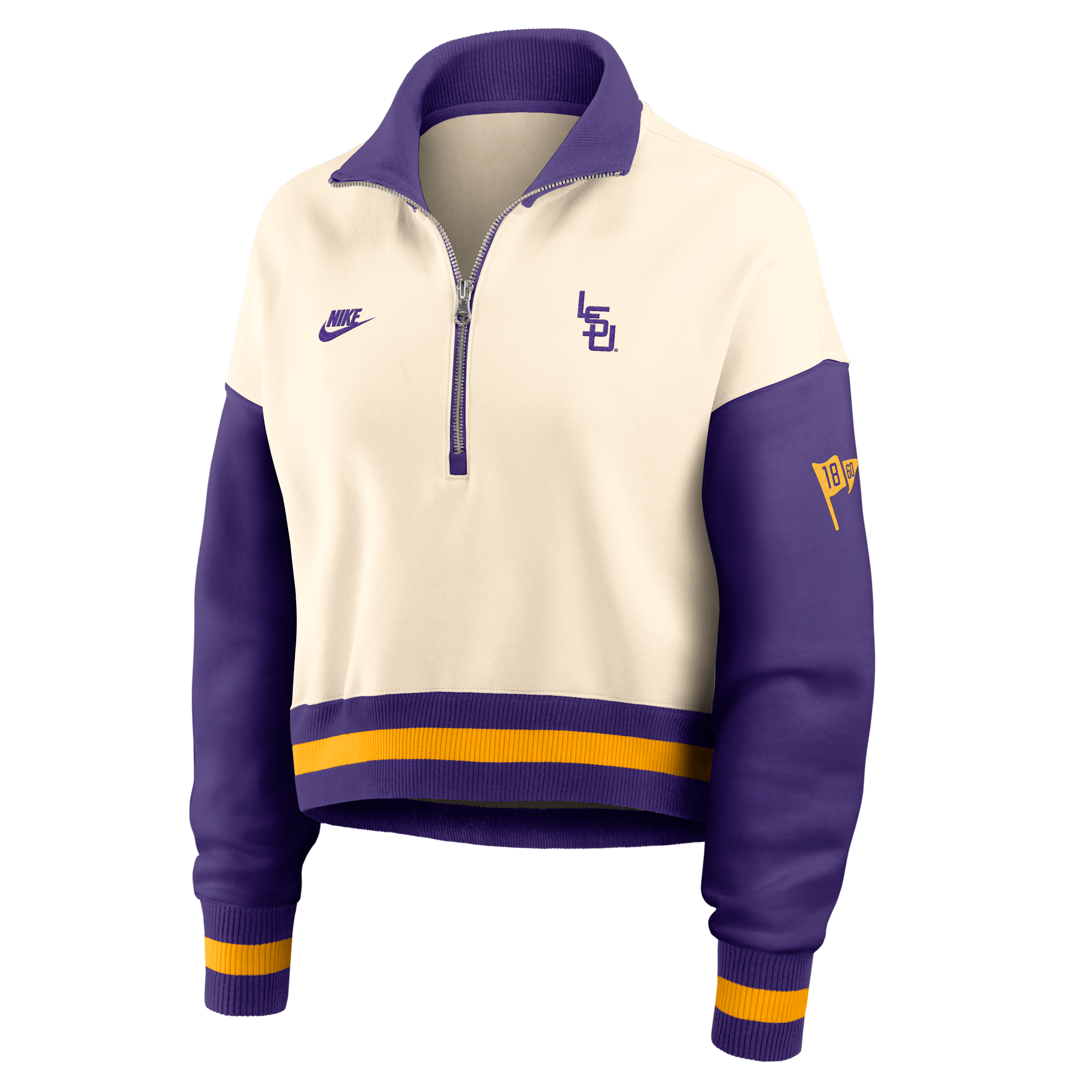 Nike Women's Natural, Purple Lsu Tigers Oversized Legacy Color Block Cropped Quarter-Zip Pullover - Natural, Purple
