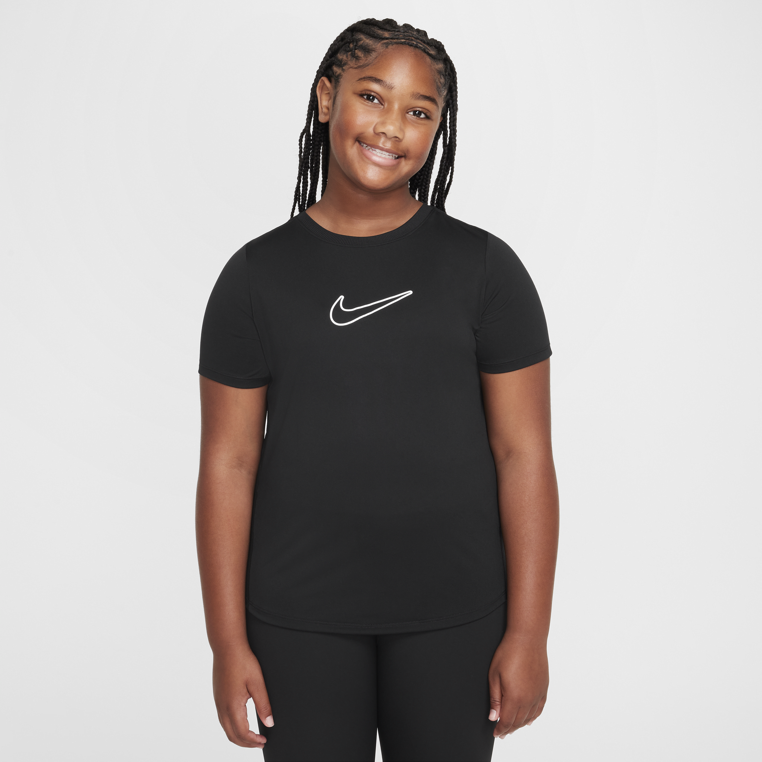 Nike One Big Kids' (Girls') Dri-FIT Short-Sleeve Training Top (Extended Size) in Black, Size: XL+ | FZ5601-010