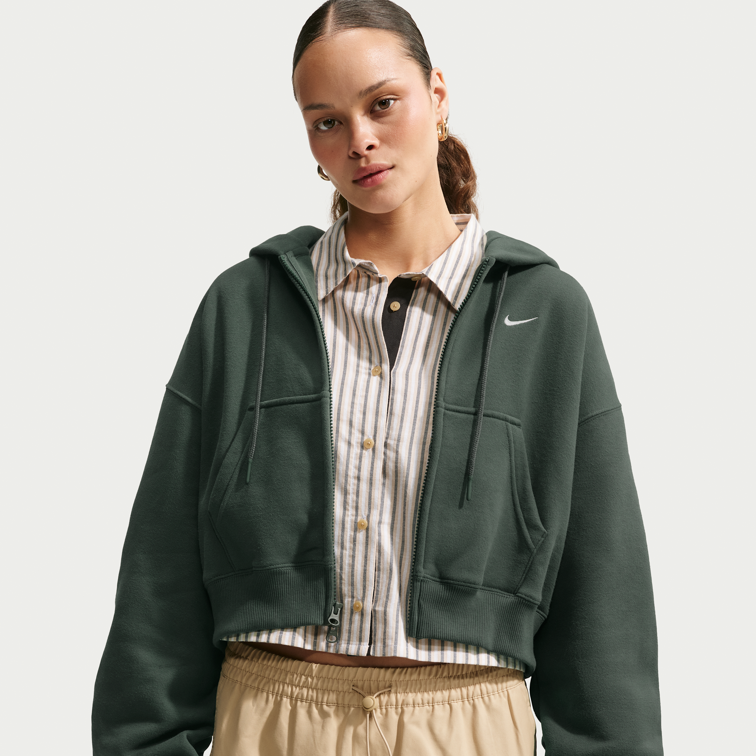 Nike Women's Studio Fleece Medium Weight Oversized Full-Zip Cropped Hoodie in Green | IM8499-303