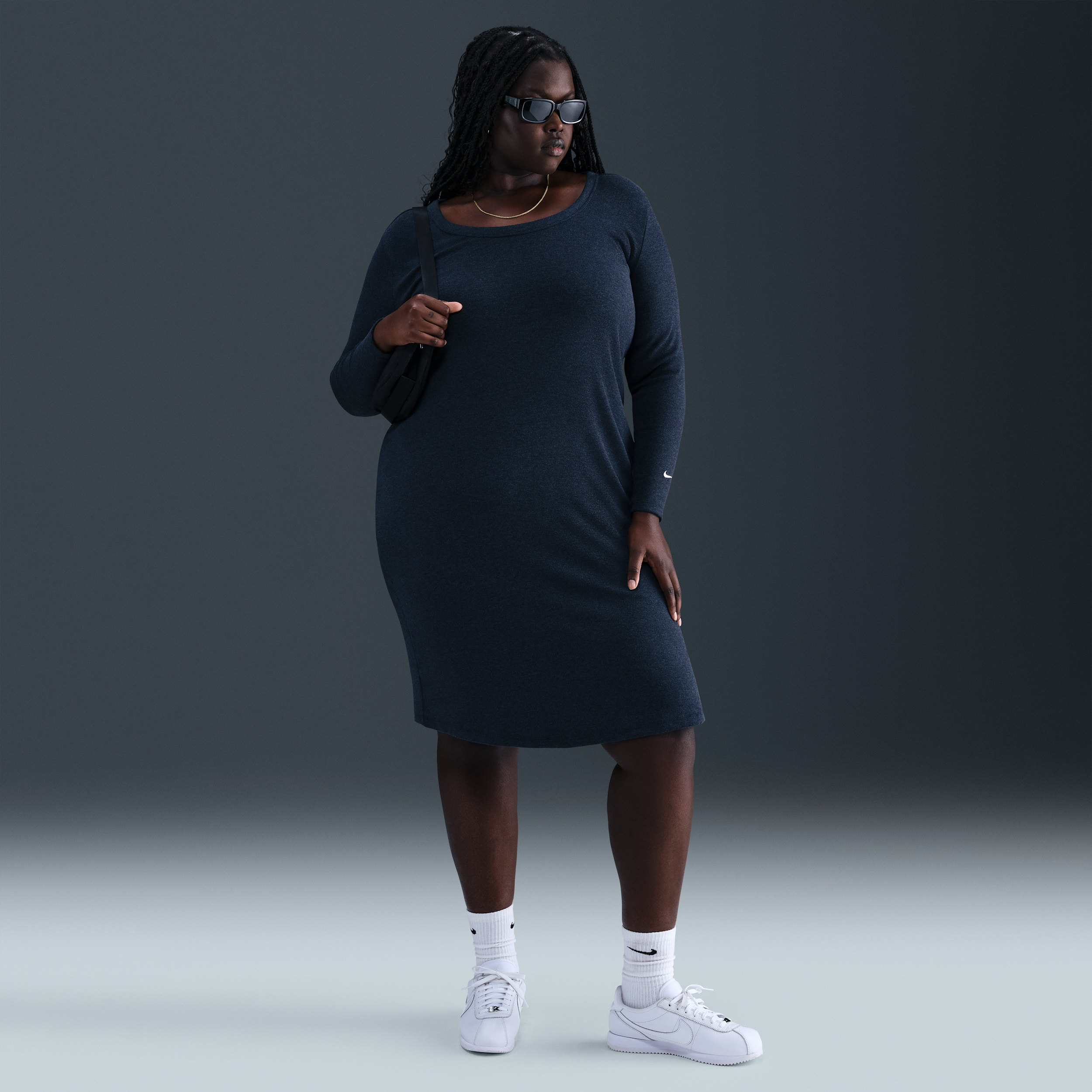 Nike Women's  Sportswear Chill Knit Tight Long-sleeve Midi Mini-rib Dress (plus Size) In Blue