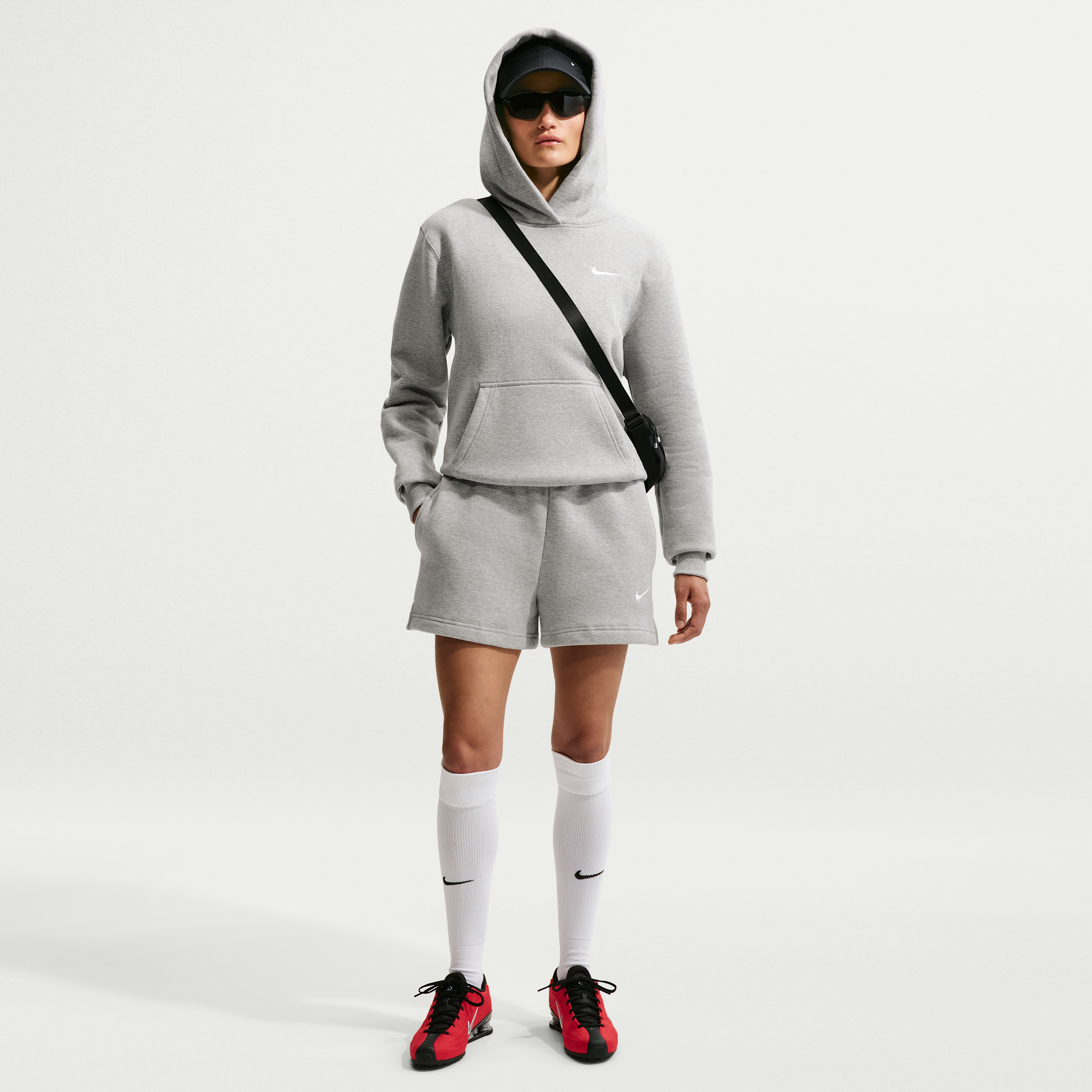 Nike Women's Studio Fleece Medium-Weight Mid-Rise Shorts in Dark Grey Heather/Sail