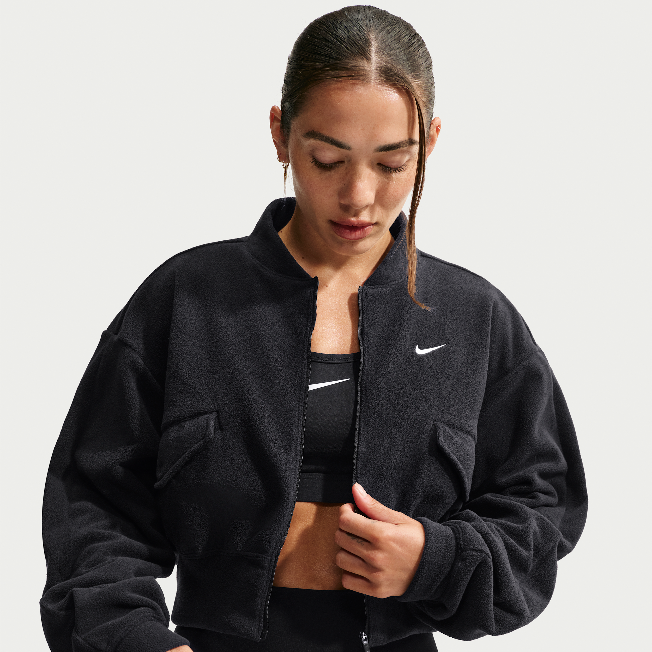 Nike Women's One Therma-FIT Fleece Bomber Jacket in Black | IO1048-010