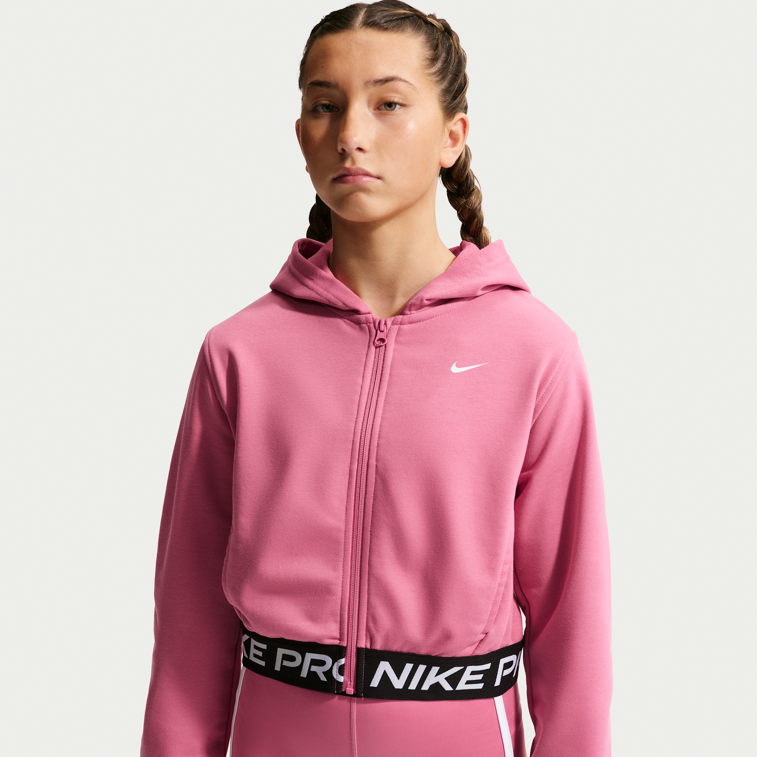 Nike Pro Fleece Big Kids' (Girls') Dri-FIT Full-Zip Hoodie in Pink | HQ9312-641